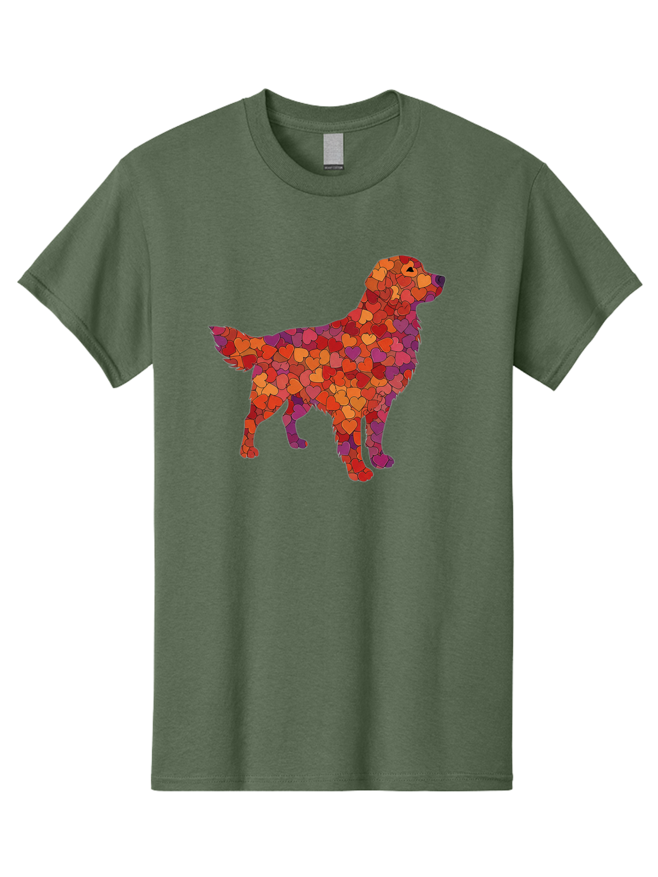 Dog-Mosaic Men'S Graphic Tee, 100% Cotton, Comfortable Casual Summer Wear, Machine Washable, Colorful Dog Silhouette, Heart-Shaped Mosaic, Orange, Red, Purple Hues, Abstract Dog Art, Vibrant Dog Design, Mosaic Art, Heart Pattern, Bab862