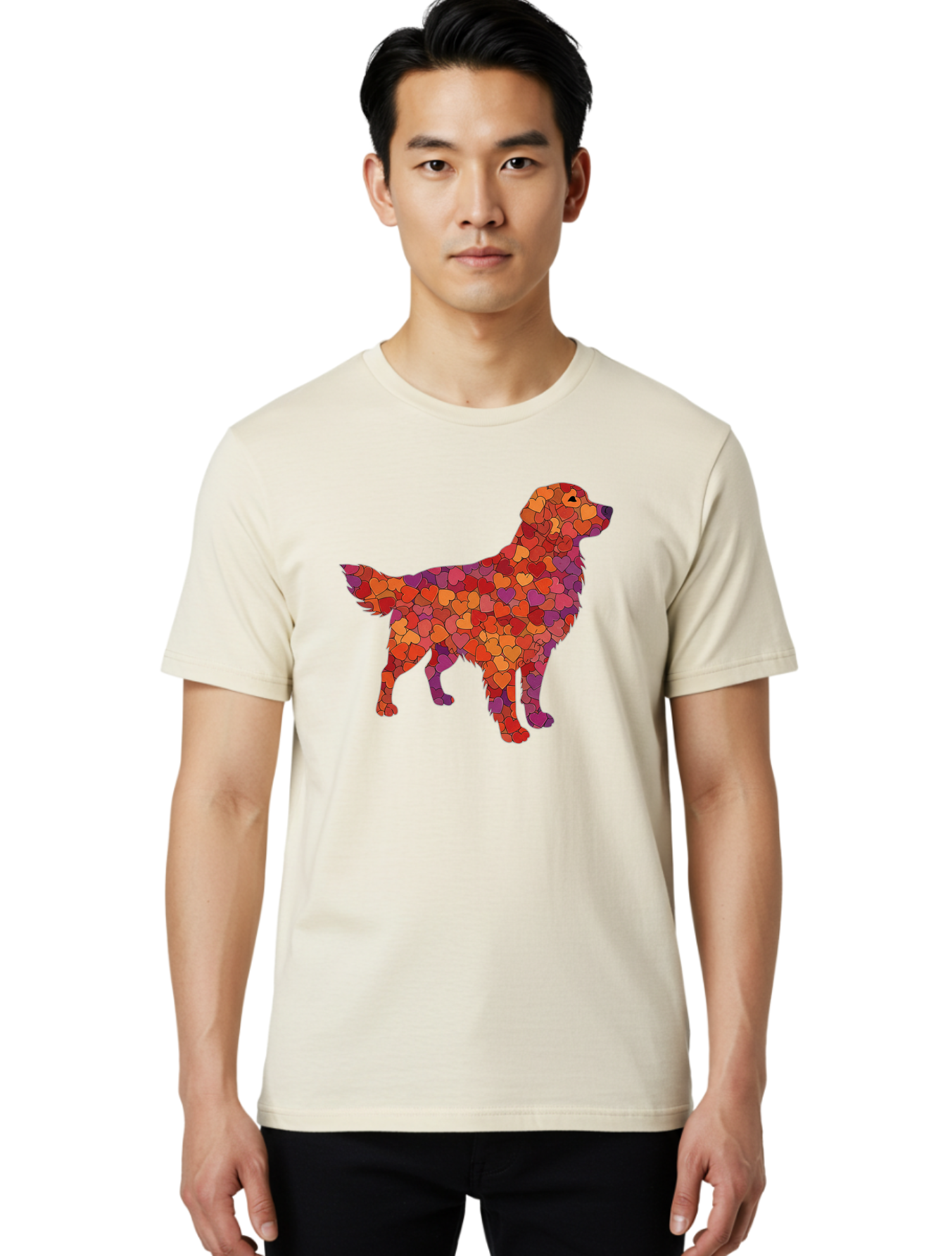 Dog-Mosaic Men'S Graphic Tee, 100% Cotton, Comfortable Casual Summer Wear, Machine Washable, Colorful Dog Silhouette, Heart-Shaped Mosaic, Orange, Red, Purple Hues, Abstract Dog Art, Vibrant Dog Design, Mosaic Art, Heart Pattern, Bab862