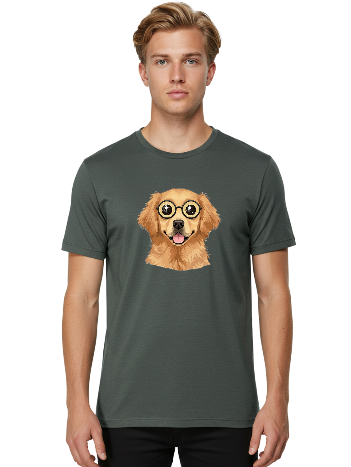 Dog-Wearing-Glasses Men'S Graphic Tee, 100% Cotton, Comfortable Casual Summer Wear, Machine Washable, Cartoon Dog, Golden Retriever, Eyeglasses, Smiling Dog, Happy Animal, Playful Puppy, Dog Portrait, Funny Dog, Dog With Glasses, Bab863