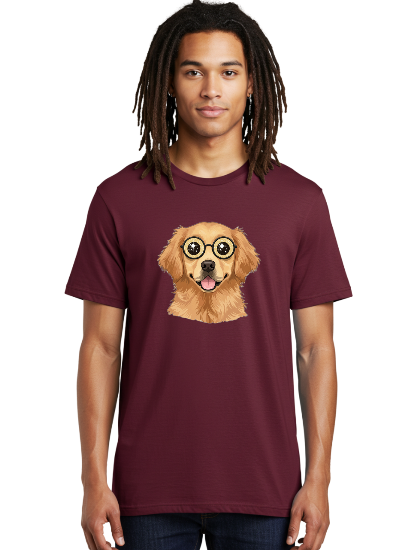 Dog-Wearing-Glasses Men'S Graphic Tee, 100% Cotton, Comfortable Casual Summer Wear, Machine Washable, Cartoon Dog, Golden Retriever, Eyeglasses, Smiling Dog, Happy Animal, Playful Puppy, Dog Portrait, Funny Dog, Dog With Glasses, Bab863