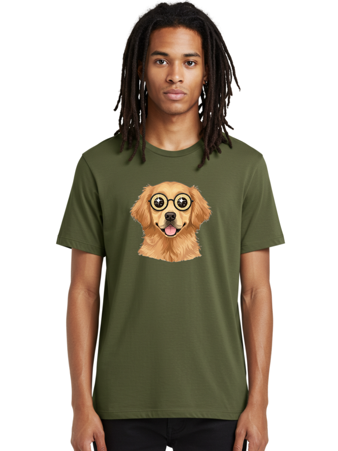 Dog-Wearing-Glasses Men'S Graphic Tee, 100% Cotton, Comfortable Casual Summer Wear, Machine Washable, Cartoon Dog, Golden Retriever, Eyeglasses, Smiling Dog, Happy Animal, Playful Puppy, Dog Portrait, Funny Dog, Dog With Glasses, Bab863