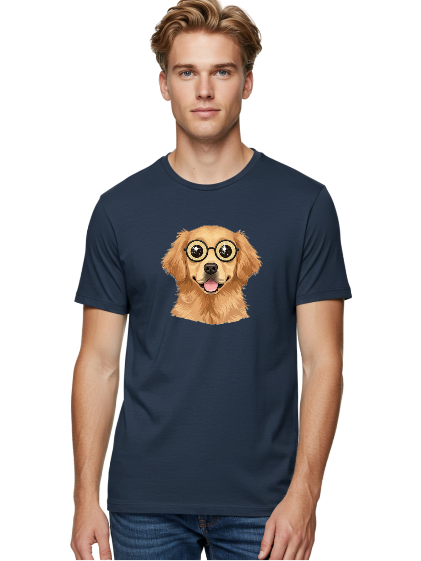 Dog-Wearing-Glasses Men'S Graphic Tee, 100% Cotton, Comfortable Casual Summer Wear, Machine Washable, Cartoon Dog, Golden Retriever, Eyeglasses, Smiling Dog, Happy Animal, Playful Puppy, Dog Portrait, Funny Dog, Dog With Glasses, Bab863