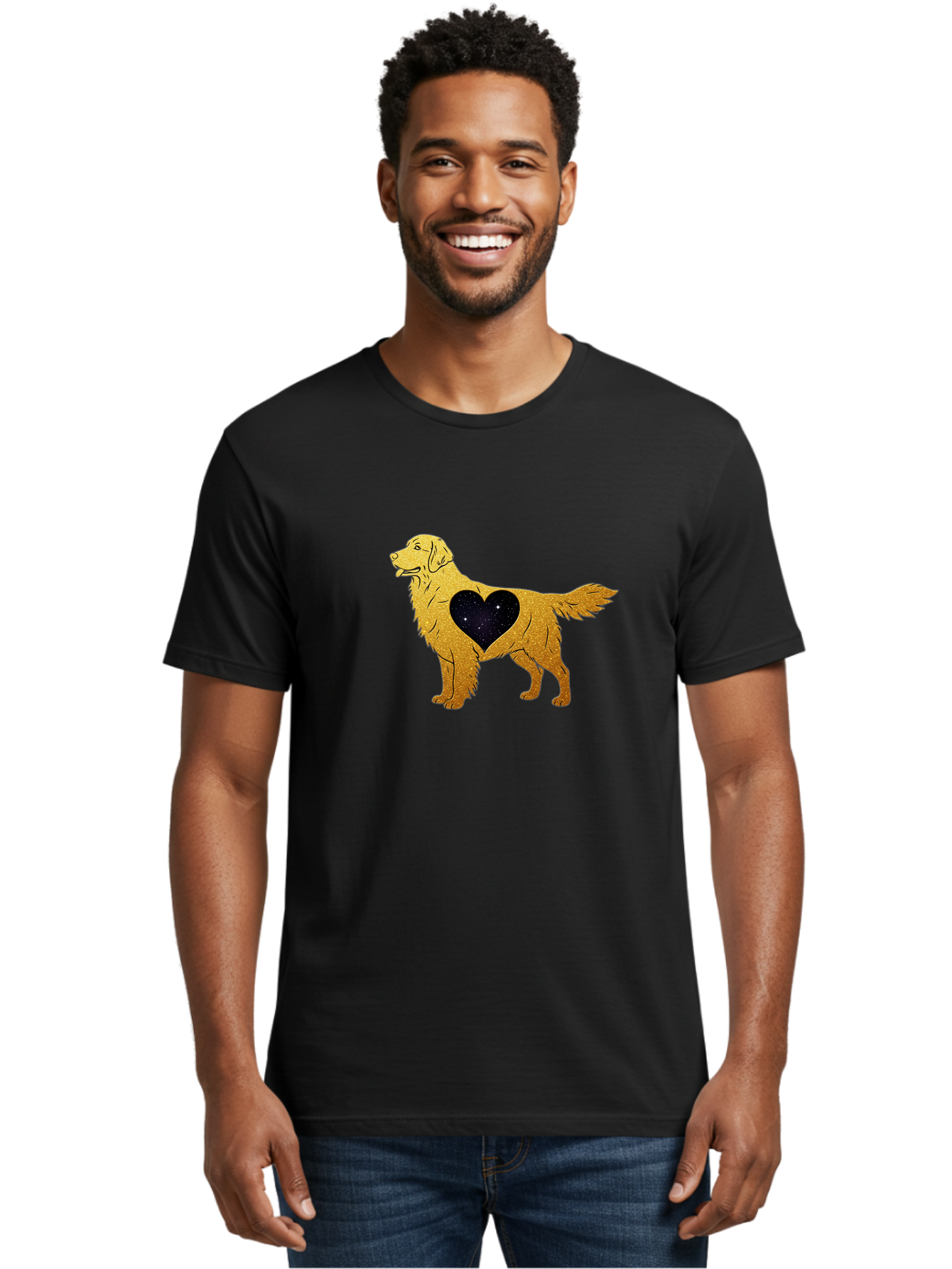 Dog-With-Galaxy-Heart Men'S Graphic Tee, 100% Cotton, Comfortable Casual Summer Wear, Machine Washable, Golden Retriever Illustration, Galaxy Heart, Starry Night, Dog Love, Furry Friend, Stylized Artwork, Canine Charm, Celestial Theme, Bab864