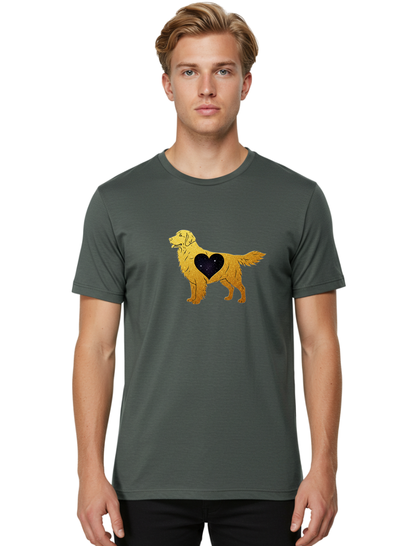 Dog-With-Galaxy-Heart Men'S Graphic Tee, 100% Cotton, Comfortable Casual Summer Wear, Machine Washable, Golden Retriever Illustration, Galaxy Heart, Starry Night, Dog Love, Furry Friend, Stylized Artwork, Canine Charm, Celestial Theme, Bab864