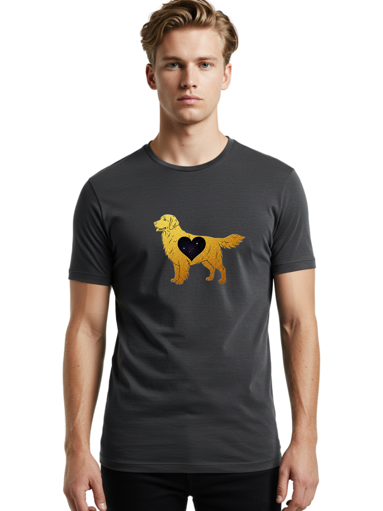 Dog-With-Galaxy-Heart Men'S Graphic Tee, 100% Cotton, Comfortable Casual Summer Wear, Machine Washable, Golden Retriever Illustration, Galaxy Heart, Starry Night, Dog Love, Furry Friend, Stylized Artwork, Canine Charm, Celestial Theme, Bab864
