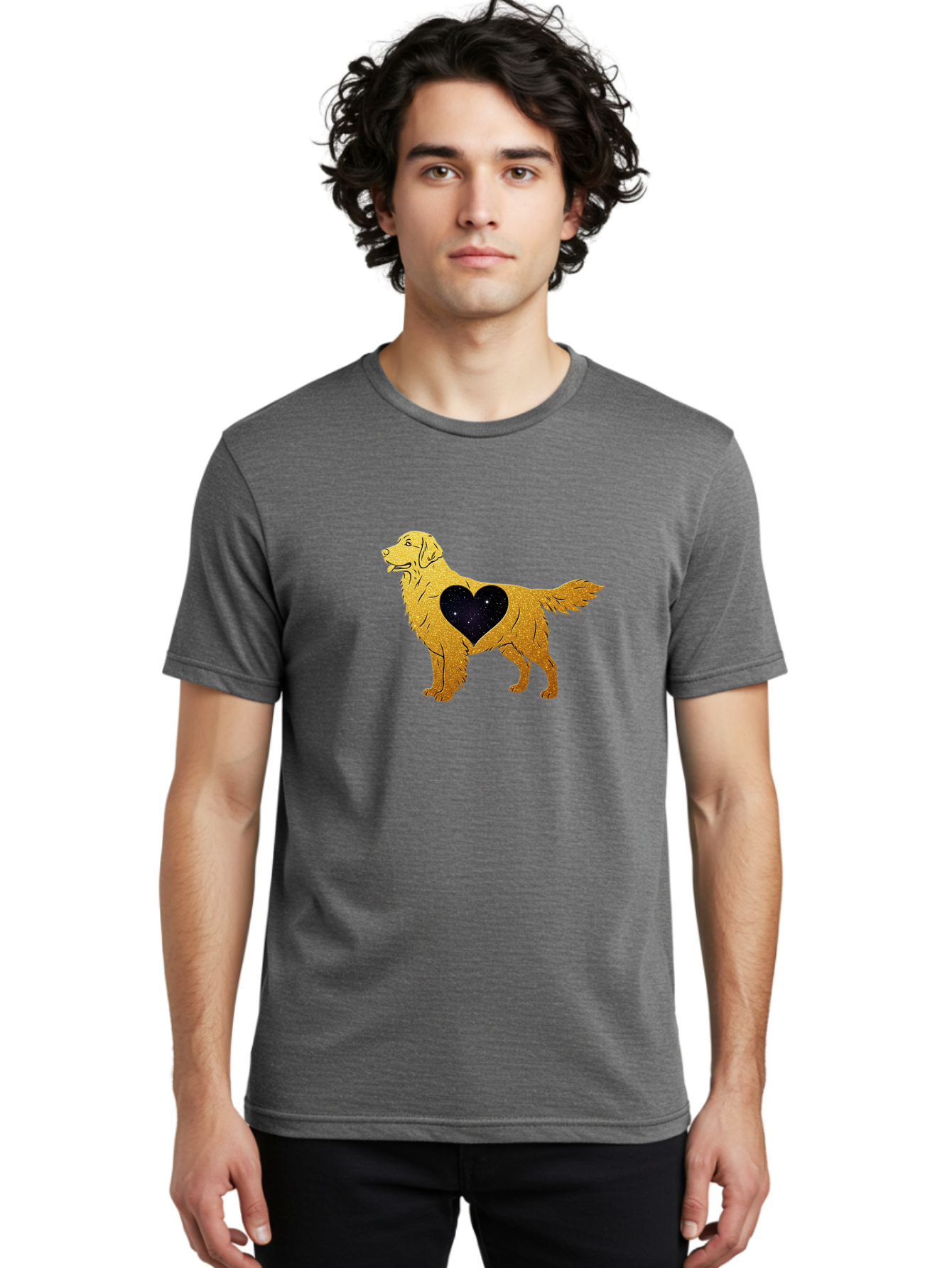 Dog-With-Galaxy-Heart Men'S Graphic Tee, 100% Cotton, Comfortable Casual Summer Wear, Machine Washable, Golden Retriever Illustration, Galaxy Heart, Starry Night, Dog Love, Furry Friend, Stylized Artwork, Canine Charm, Celestial Theme, Bab864