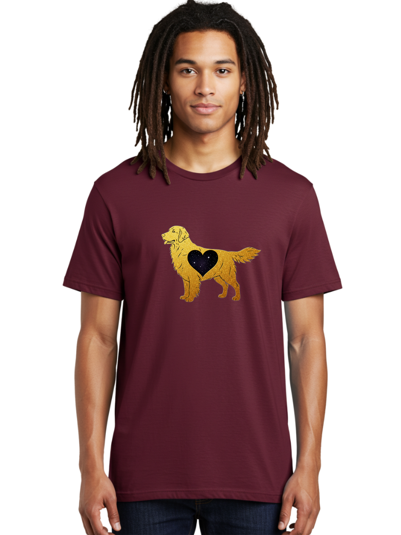 Dog-With-Galaxy-Heart Men'S Graphic Tee, 100% Cotton, Comfortable Casual Summer Wear, Machine Washable, Golden Retriever Illustration, Galaxy Heart, Starry Night, Dog Love, Furry Friend, Stylized Artwork, Canine Charm, Celestial Theme, Bab864