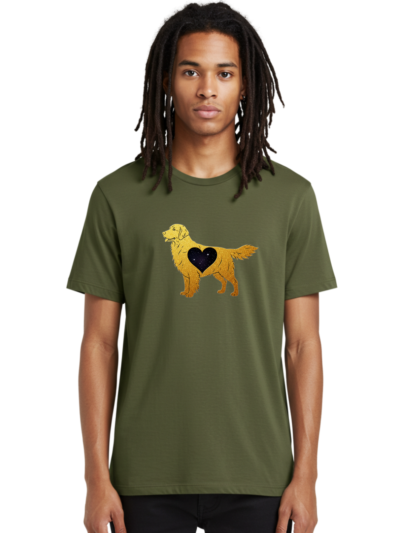 Dog-With-Galaxy-Heart Men'S Graphic Tee, 100% Cotton, Comfortable Casual Summer Wear, Machine Washable, Golden Retriever Illustration, Galaxy Heart, Starry Night, Dog Love, Furry Friend, Stylized Artwork, Canine Charm, Celestial Theme, Bab864