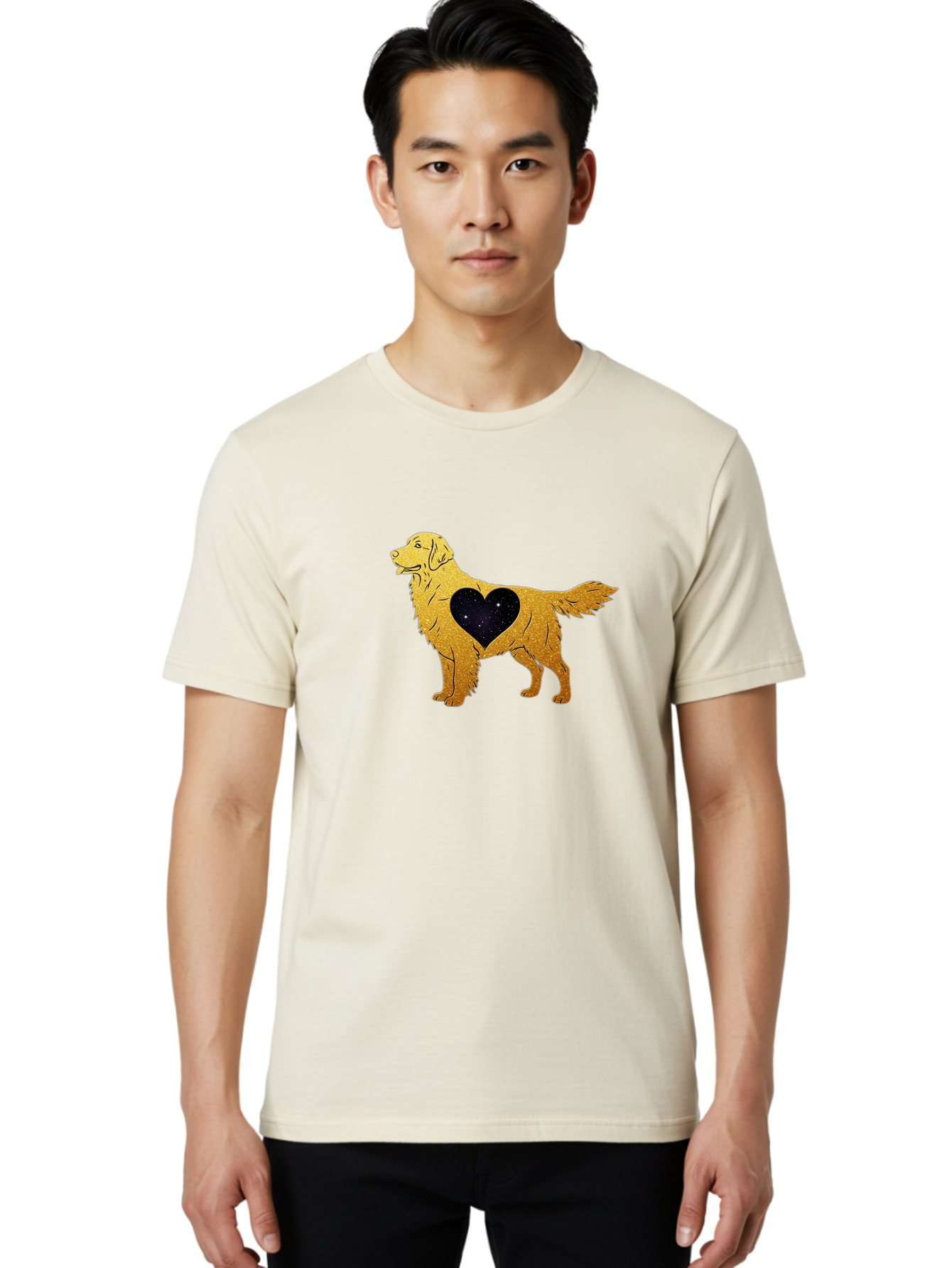 Dog-With-Galaxy-Heart Men'S Graphic Tee, 100% Cotton, Comfortable Casual Summer Wear, Machine Washable, Golden Retriever Illustration, Galaxy Heart, Starry Night, Dog Love, Furry Friend, Stylized Artwork, Canine Charm, Celestial Theme, Bab864