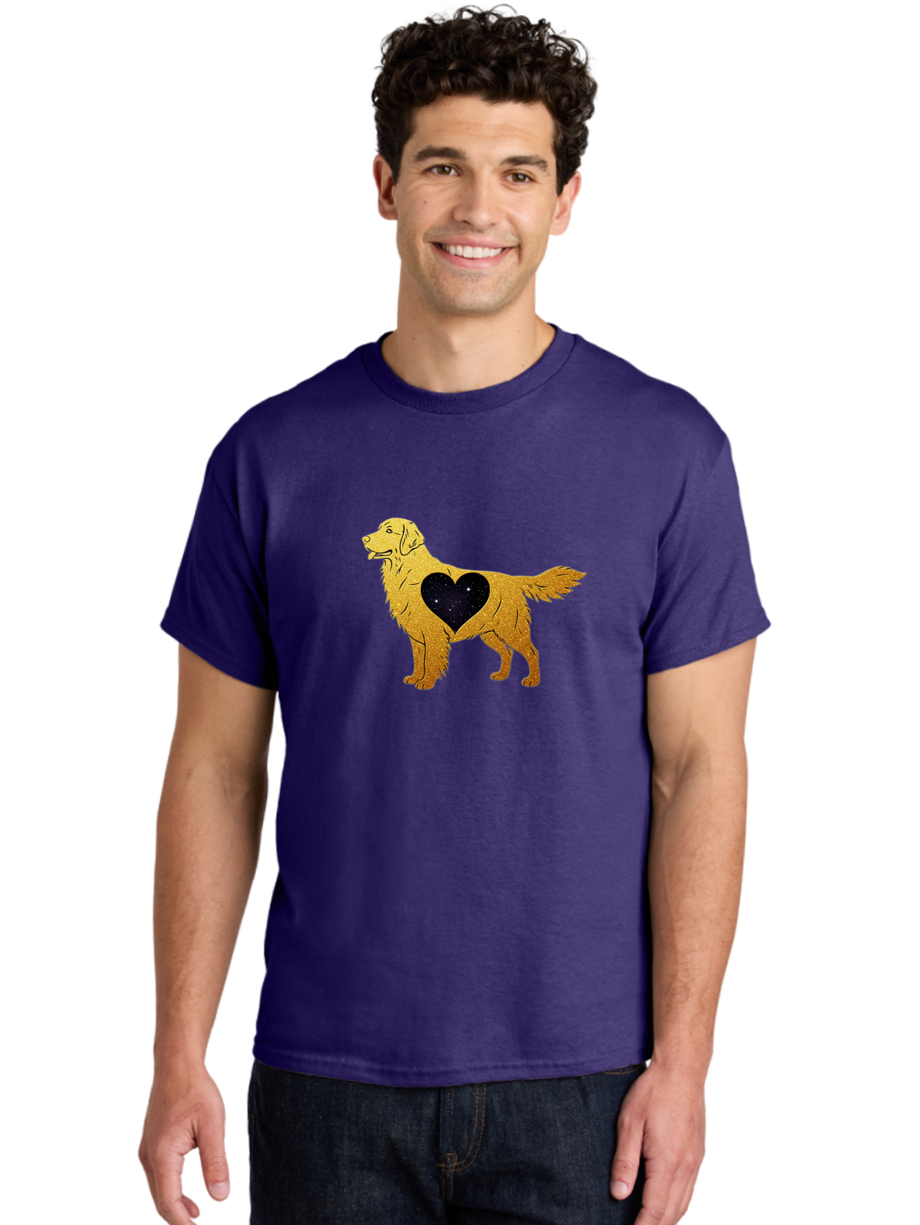 Dog-With-Galaxy-Heart Men'S Graphic Tee, 100% Cotton, Comfortable Casual Summer Wear, Machine Washable, Golden Retriever Illustration, Galaxy Heart, Starry Night, Dog Love, Furry Friend, Stylized Artwork, Canine Charm, Celestial Theme, Bab864