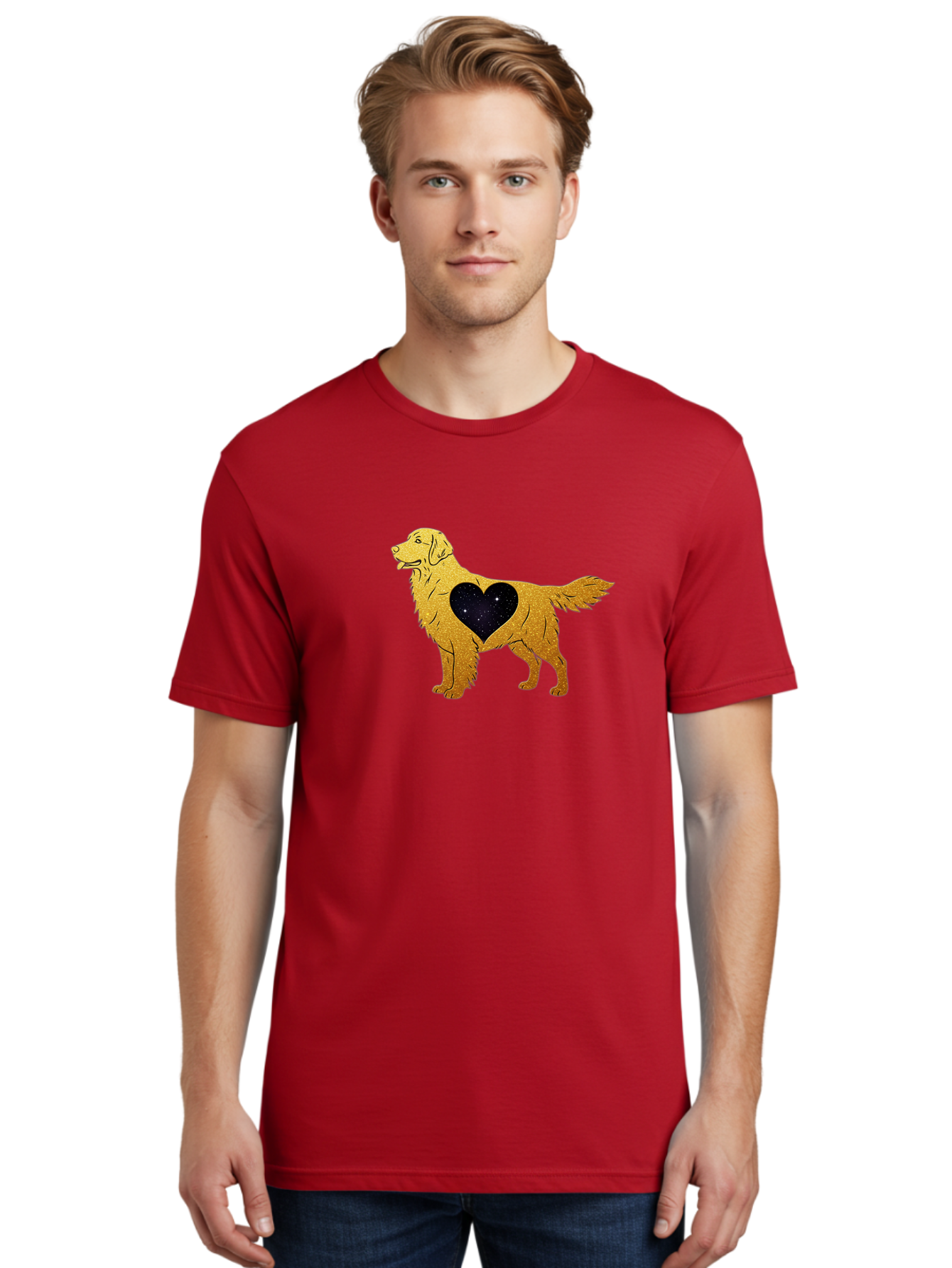 Dog-With-Galaxy-Heart Men'S Graphic Tee, 100% Cotton, Comfortable Casual Summer Wear, Machine Washable, Golden Retriever Illustration, Galaxy Heart, Starry Night, Dog Love, Furry Friend, Stylized Artwork, Canine Charm, Celestial Theme, Bab864