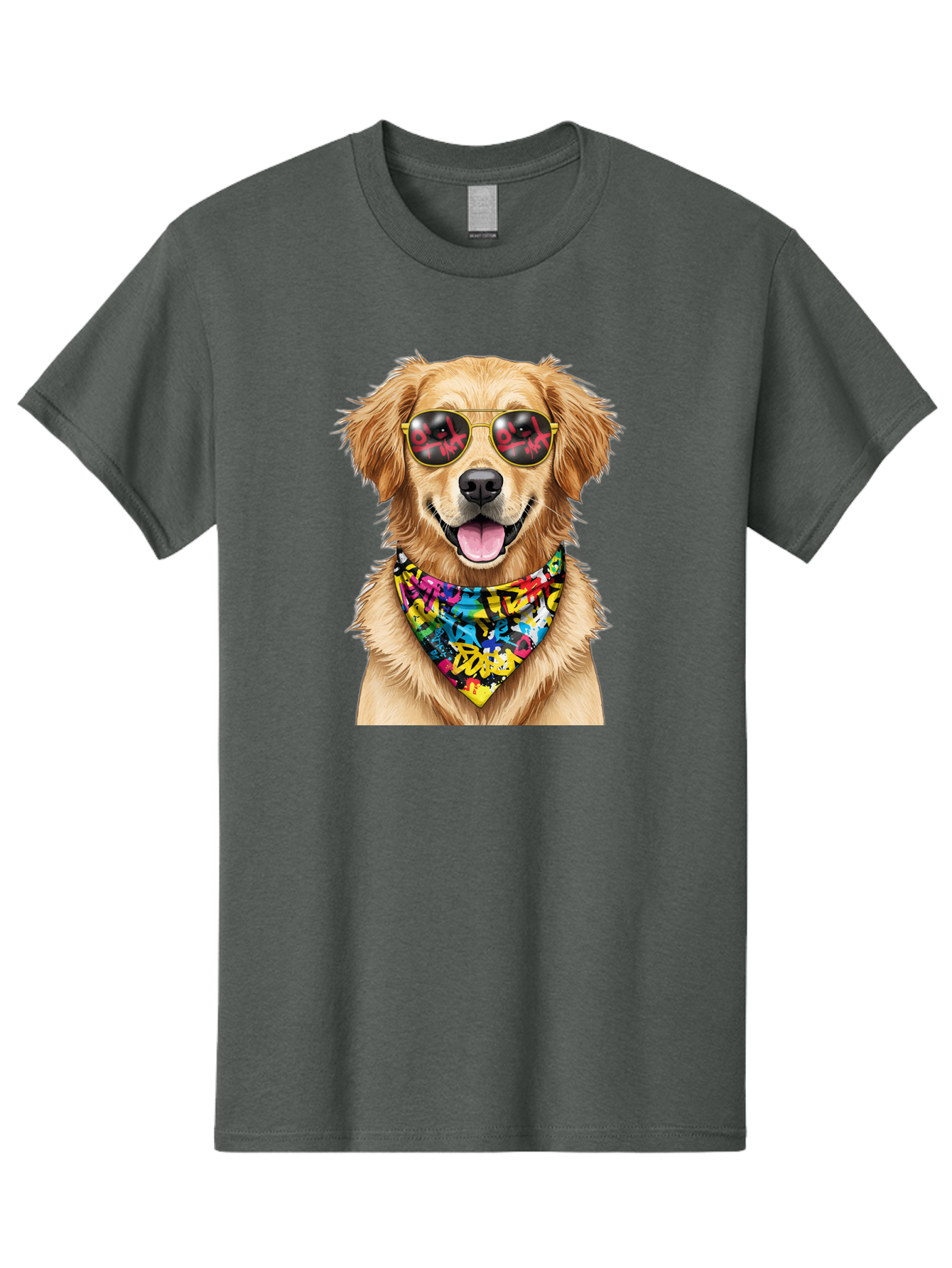 Dog Men'S Graphic Tee, 100% Cotton, Comfortable Casual Summer Wear, Machine Washable, Golden Retriever, Dog Wearing Sunglasses, Colorful Bandana, Dog Collar, Trendy Dog, Cool Canine, Fun Pet, Vibrant Accessories, Hipster Dog, Stylish Pup Bab865