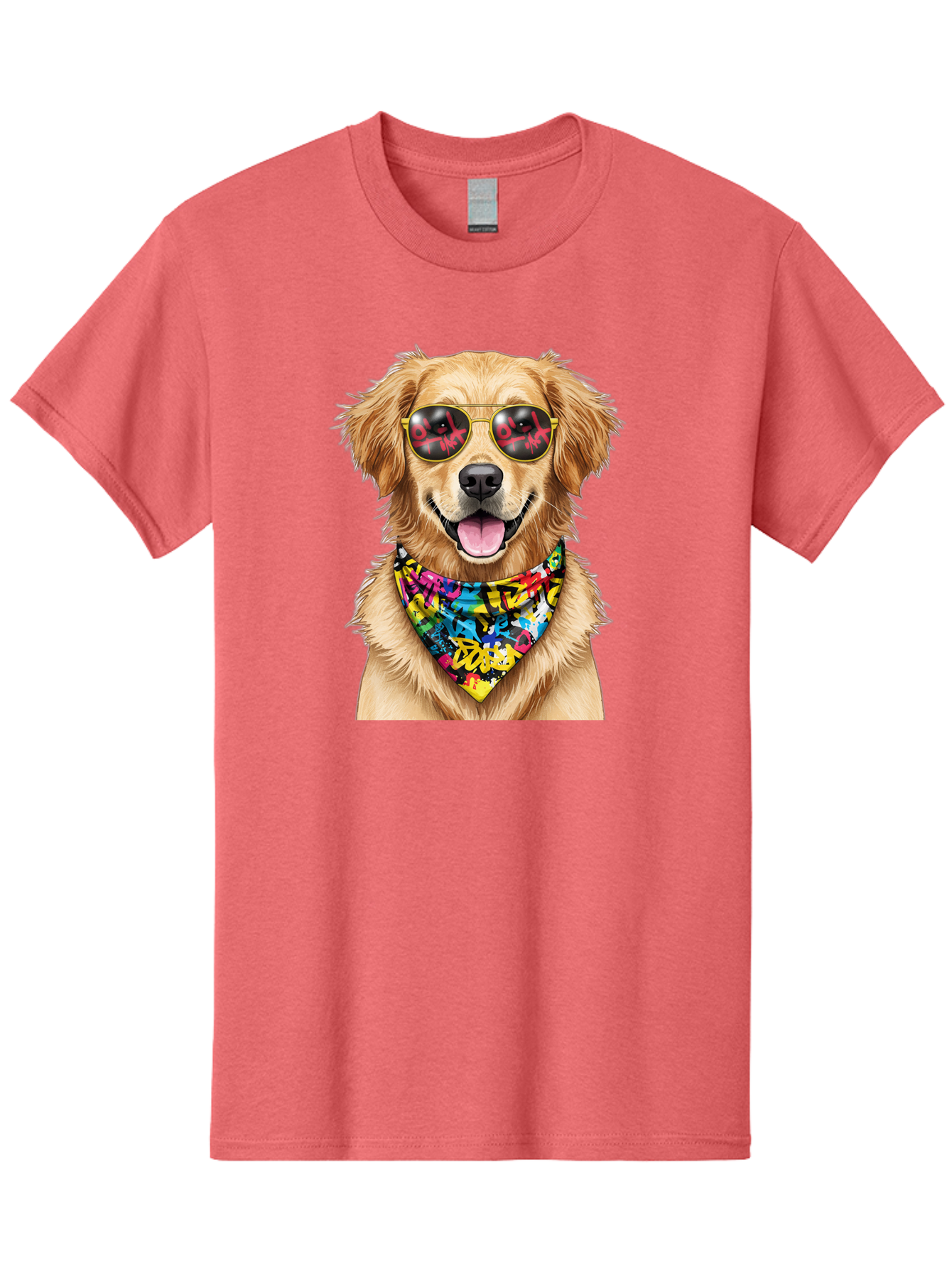 Dog Men'S Graphic Tee, 100% Cotton, Comfortable Casual Summer Wear, Machine Washable, Golden Retriever, Dog Wearing Sunglasses, Colorful Bandana, Dog Collar, Trendy Dog, Cool Canine, Fun Pet, Vibrant Accessories, Hipster Dog, Stylish Pup Bab865