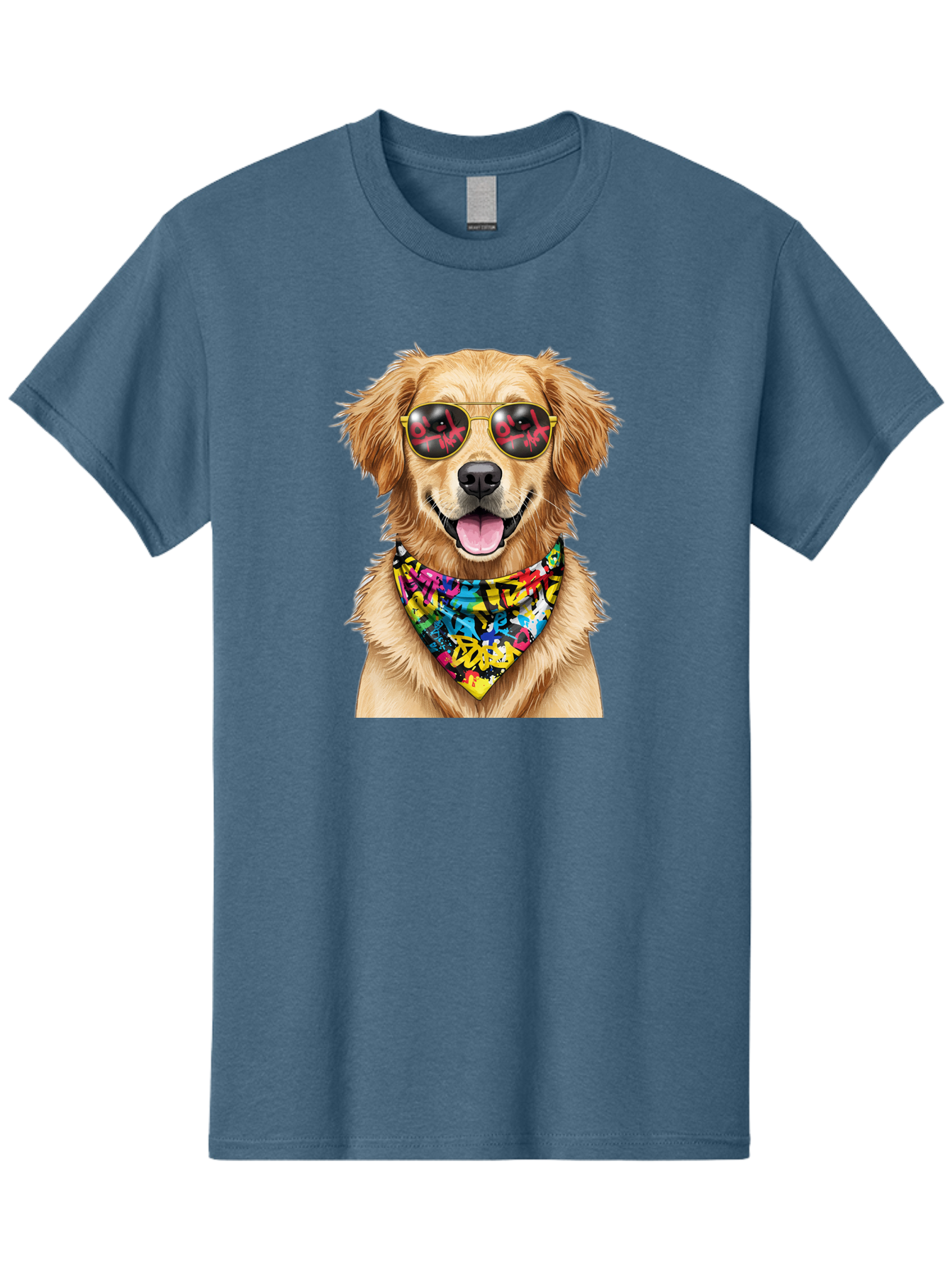 Dog Men'S Graphic Tee, 100% Cotton, Comfortable Casual Summer Wear, Machine Washable, Golden Retriever, Dog Wearing Sunglasses, Colorful Bandana, Dog Collar, Trendy Dog, Cool Canine, Fun Pet, Vibrant Accessories, Hipster Dog, Stylish Pup Bab865