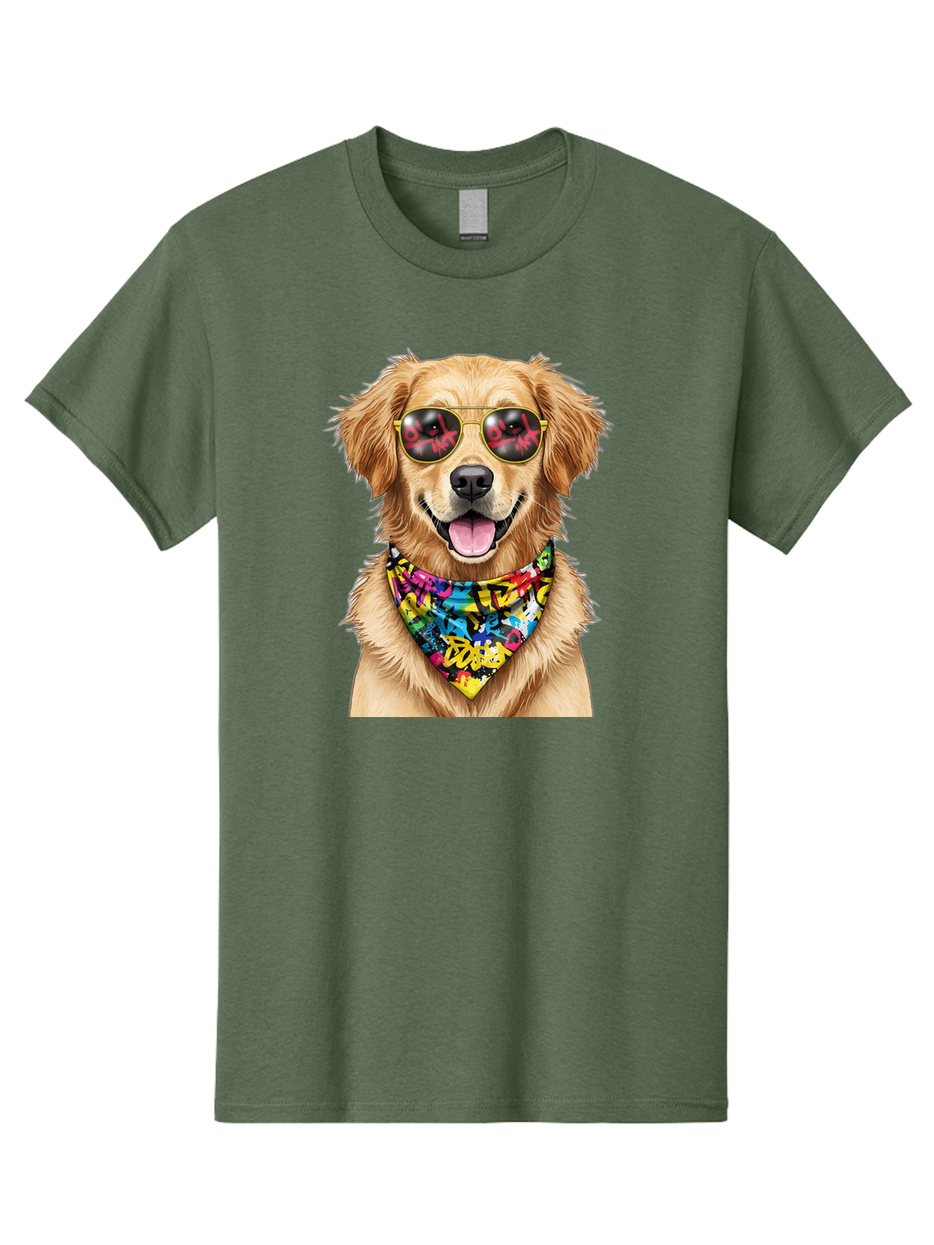 Dog Men'S Graphic Tee, 100% Cotton, Comfortable Casual Summer Wear, Machine Washable, Golden Retriever, Dog Wearing Sunglasses, Colorful Bandana, Dog Collar, Trendy Dog, Cool Canine, Fun Pet, Vibrant Accessories, Hipster Dog, Stylish Pup Bab865