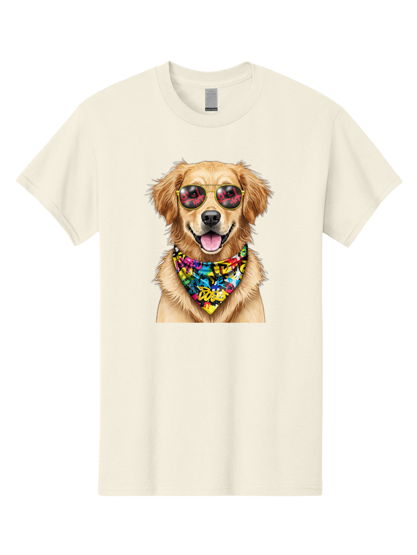 Dog Men'S Graphic Tee, 100% Cotton, Comfortable Casual Summer Wear, Machine Washable, Golden Retriever, Dog Wearing Sunglasses, Colorful Bandana, Dog Collar, Trendy Dog, Cool Canine, Fun Pet, Vibrant Accessories, Hipster Dog, Stylish Pup Bab865
