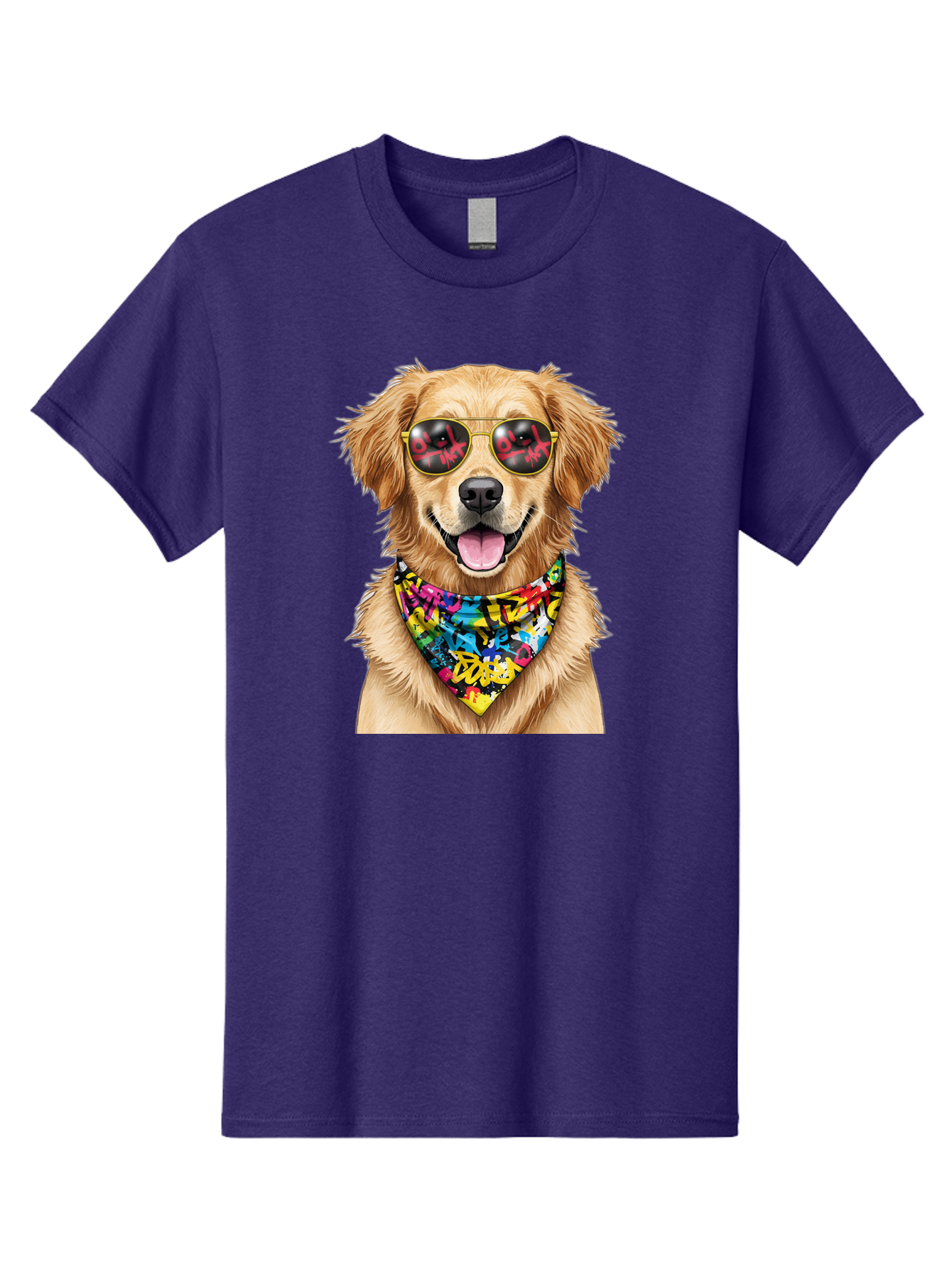 Dog Men'S Graphic Tee, 100% Cotton, Comfortable Casual Summer Wear, Machine Washable, Golden Retriever, Dog Wearing Sunglasses, Colorful Bandana, Dog Collar, Trendy Dog, Cool Canine, Fun Pet, Vibrant Accessories, Hipster Dog, Stylish Pup Bab865