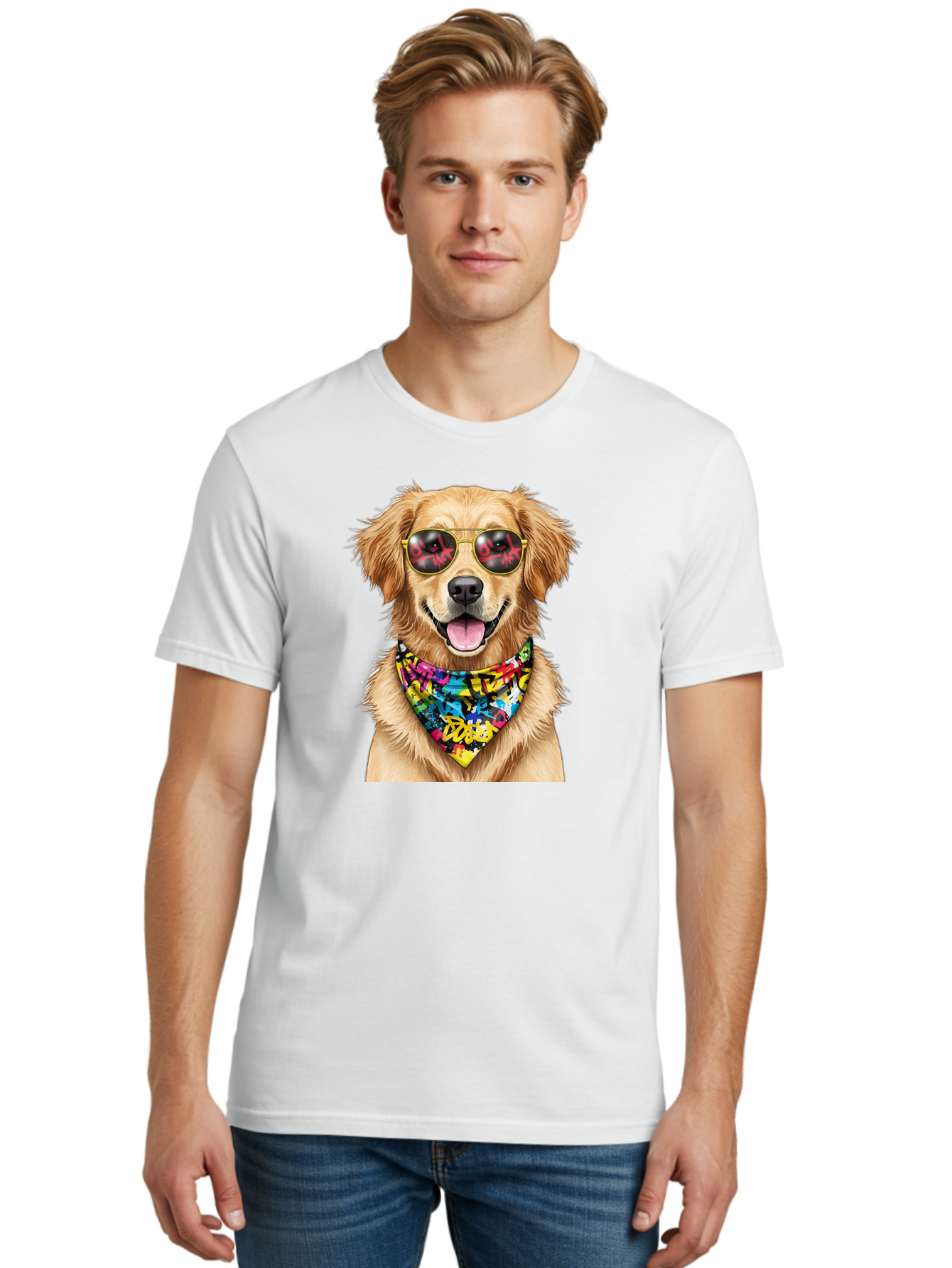 Dog Men'S Graphic Tee, 100% Cotton, Comfortable Casual Summer Wear, Machine Washable, Golden Retriever, Dog Wearing Sunglasses, Colorful Bandana, Dog Collar, Trendy Dog, Cool Canine, Fun Pet, Vibrant Accessories, Hipster Dog, Stylish Pup Bab865