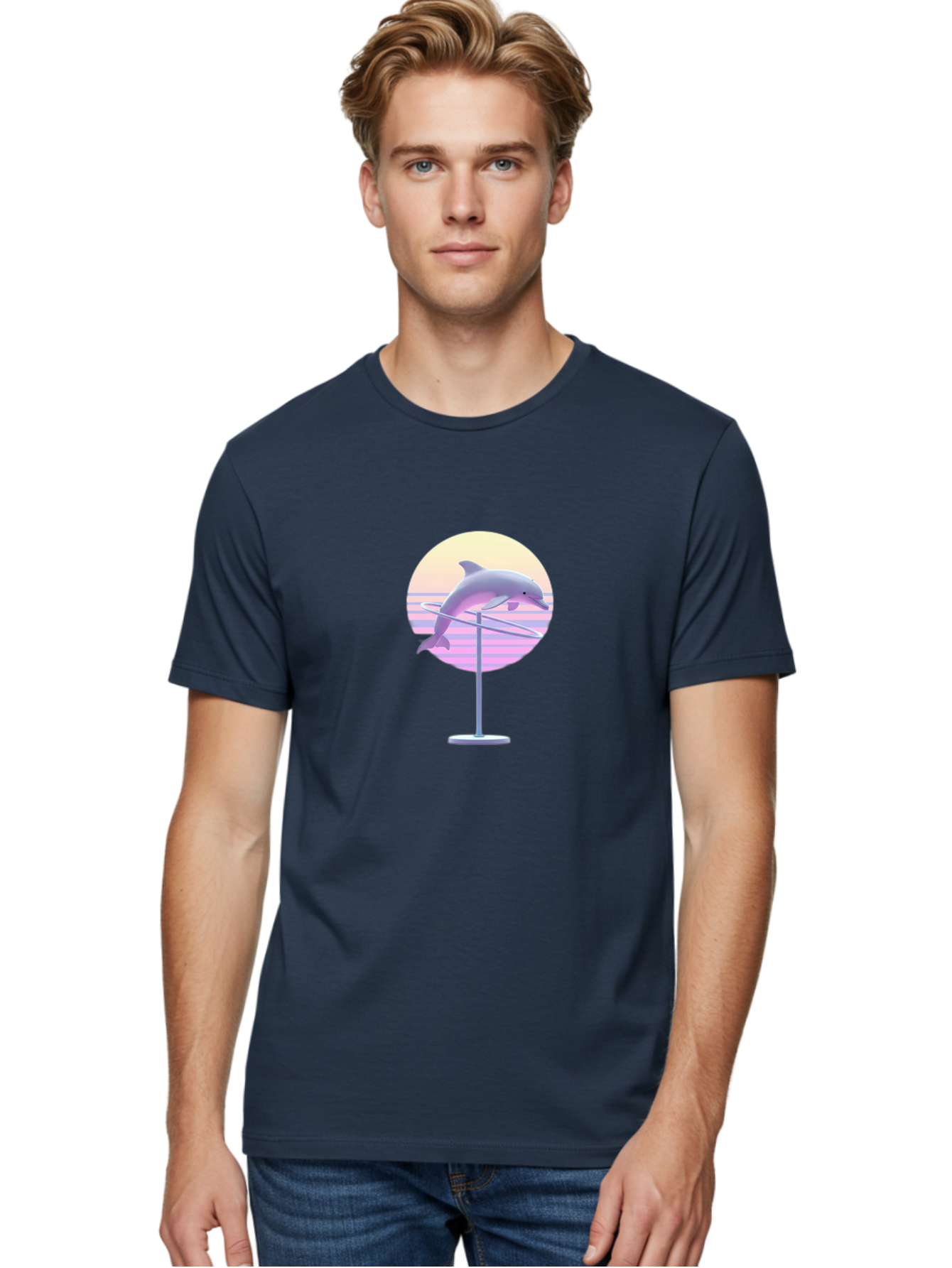 Dolphin-Spin-Art Men'S Graphic Tee, 100% Cotton, Comfortable Casual Summer Wear, Machine Washable, Dolphin Leaping, Ocean Scenery, Pastel Colors, Abstract Art, Surrealism, 3D Illustration, Creative Design, Modern Artwork, Minimalist Style, Bab866