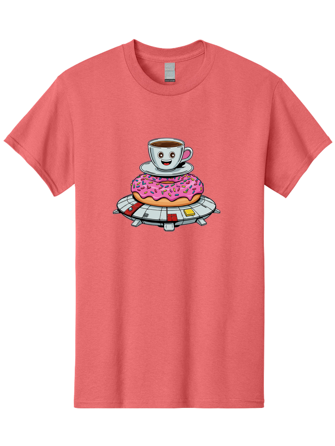 Donut-Coffee-Ufo Men'S Graphic Tee, 100% Cotton, Comfortable Casual Summer Wear, Machine Washable, Smiling Coffee Cup, Donut With Sprinkles, Flying Saucer, Cartoon Style, Whimsical Design, Fantasy Food, Humorous Illustration, Bab868