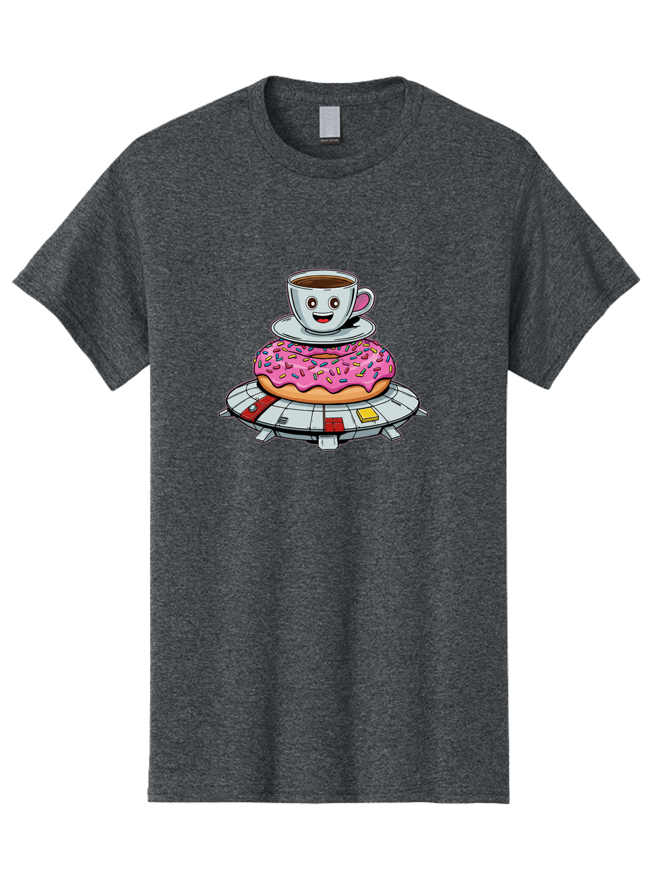Donut-Coffee-Ufo Men'S Graphic Tee, 100% Cotton, Comfortable Casual Summer Wear, Machine Washable, Smiling Coffee Cup, Donut With Sprinkles, Flying Saucer, Cartoon Style, Whimsical Design, Fantasy Food, Humorous Illustration, Bab868