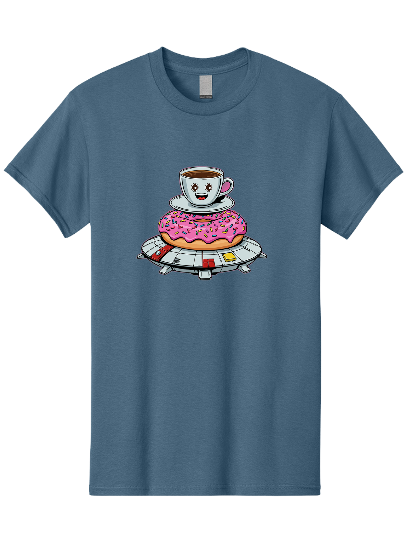 Donut-Coffee-Ufo Men'S Graphic Tee, 100% Cotton, Comfortable Casual Summer Wear, Machine Washable, Smiling Coffee Cup, Donut With Sprinkles, Flying Saucer, Cartoon Style, Whimsical Design, Fantasy Food, Humorous Illustration, Bab868