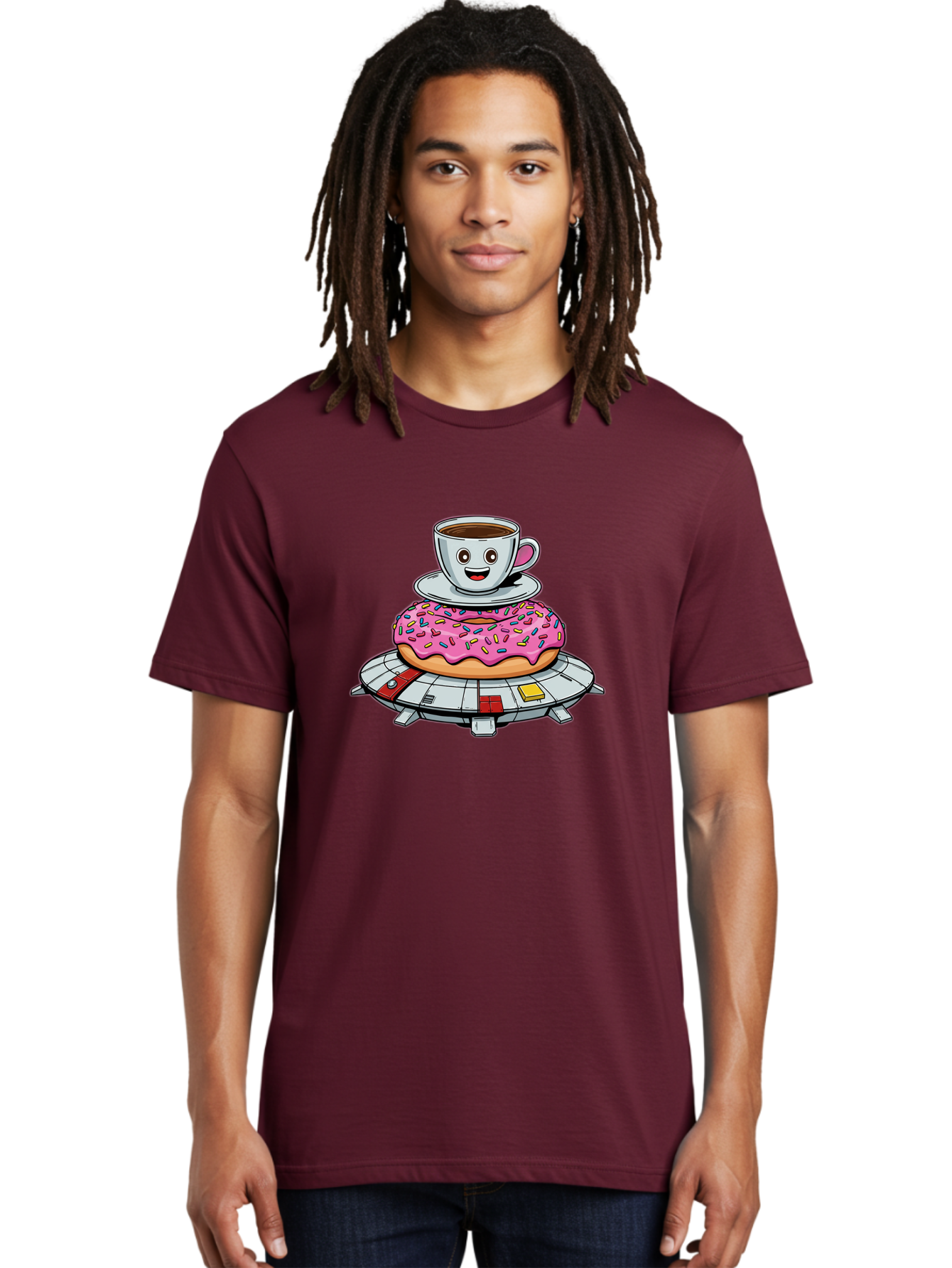 Donut-Coffee-Ufo Men'S Graphic Tee, 100% Cotton, Comfortable Casual Summer Wear, Machine Washable, Smiling Coffee Cup, Donut With Sprinkles, Flying Saucer, Cartoon Style, Whimsical Design, Fantasy Food, Humorous Illustration, Bab868