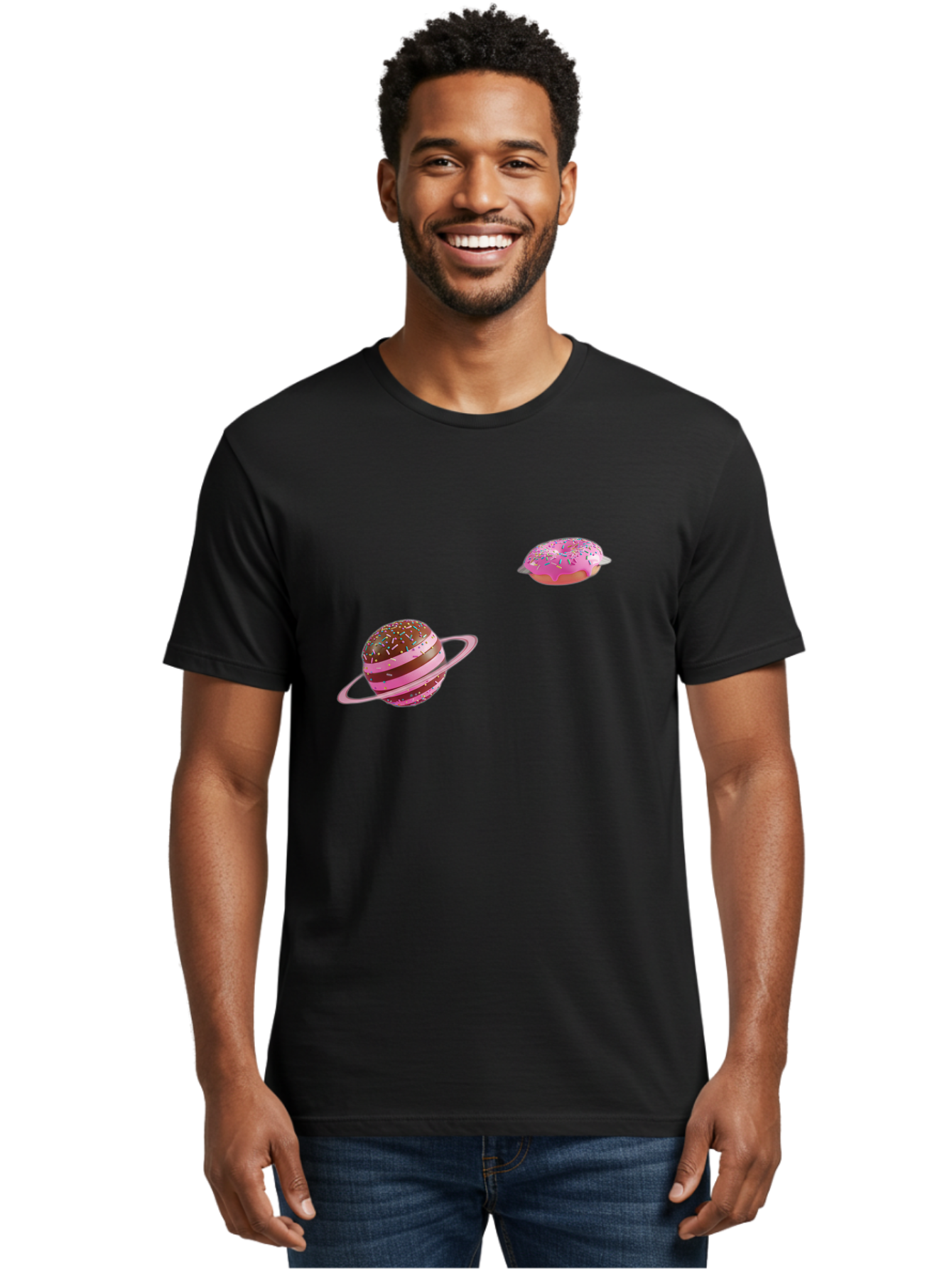 Donut-Planets Men'S Graphic Tee, 100% Cotton, Comfortable Casual Summer Wear, Machine Washable, Donut With Sprinkles, Planet With Ring, Pink Frosting, Chocolate Donut, Sprinkle Donut, Donut Planet, Fantasy Dessert, Sweet Treat, Bab870
