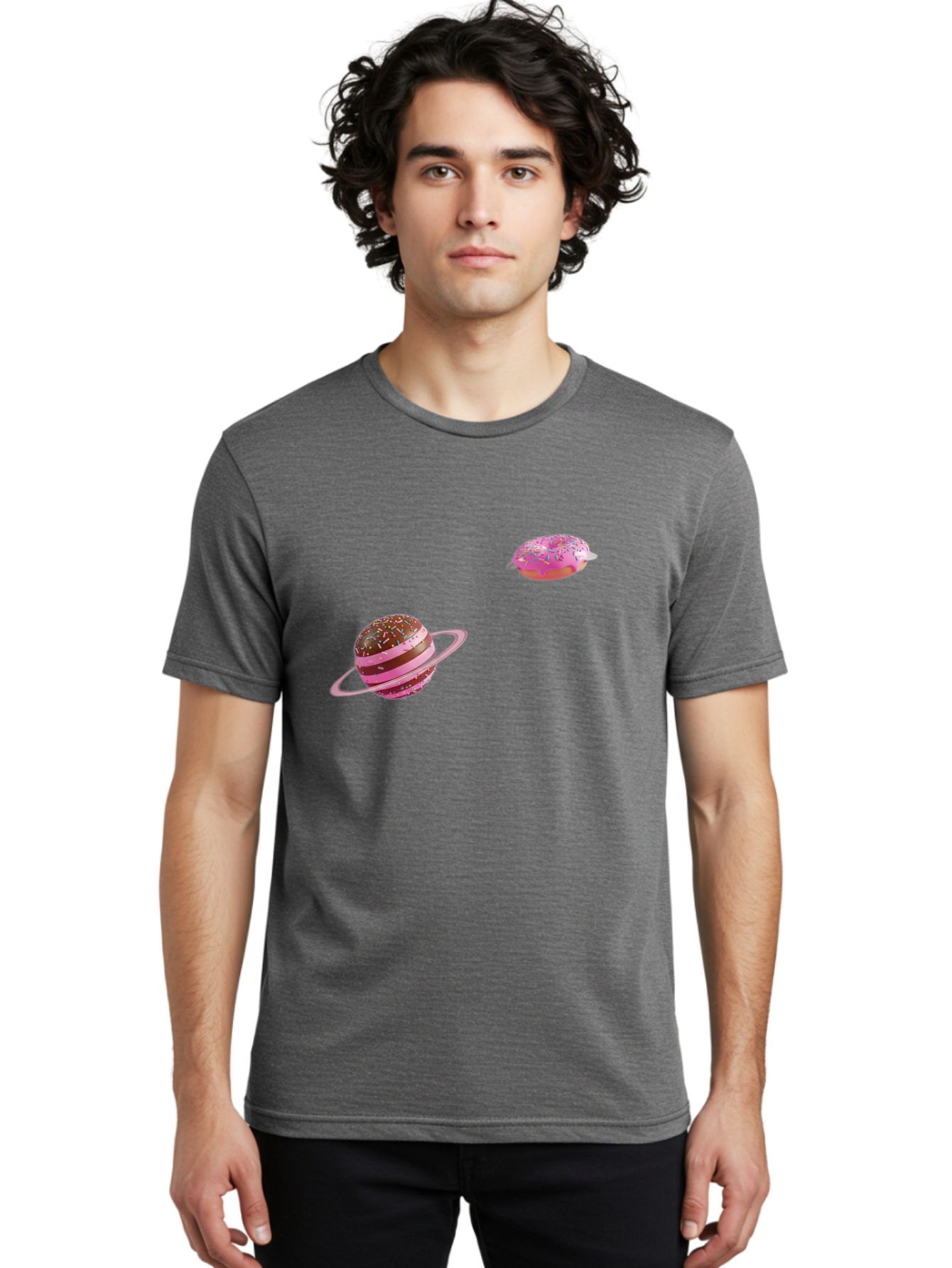 Donut-Planets Men'S Graphic Tee, 100% Cotton, Comfortable Casual Summer Wear, Machine Washable, Donut With Sprinkles, Planet With Ring, Pink Frosting, Chocolate Donut, Sprinkle Donut, Donut Planet, Fantasy Dessert, Sweet Treat, Bab870
