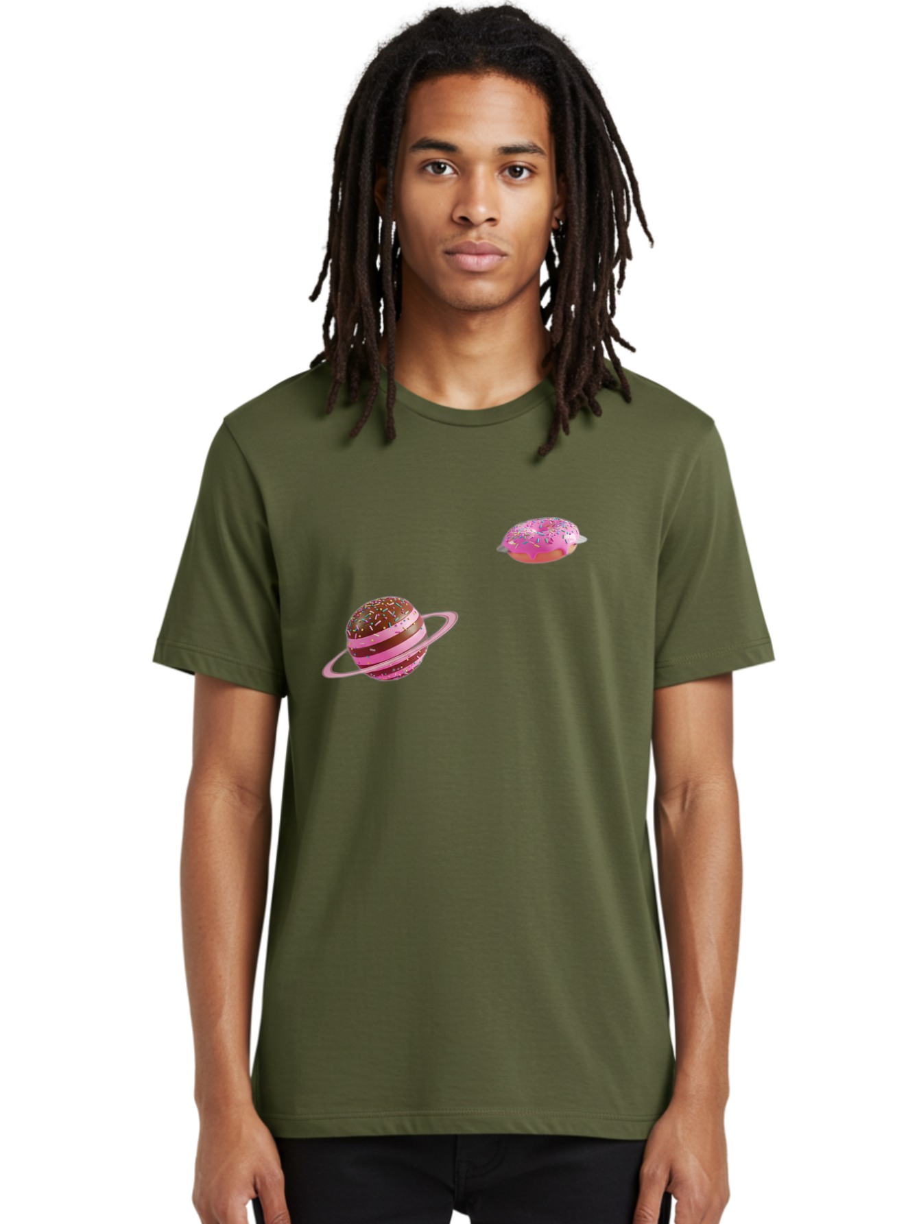 Donut-Planets Men'S Graphic Tee, 100% Cotton, Comfortable Casual Summer Wear, Machine Washable, Donut With Sprinkles, Planet With Ring, Pink Frosting, Chocolate Donut, Sprinkle Donut, Donut Planet, Fantasy Dessert, Sweet Treat, Bab870