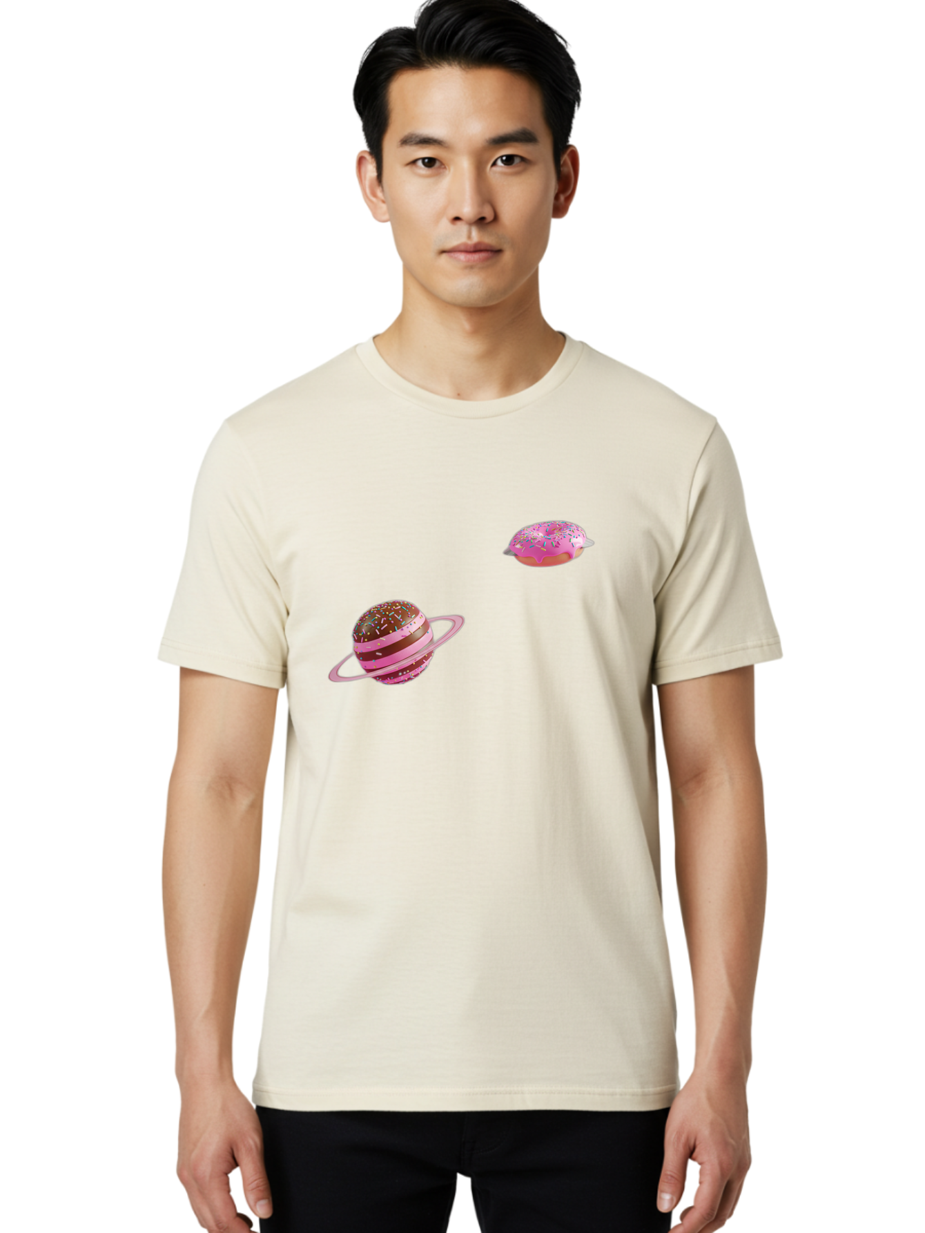 Donut-Planets Men'S Graphic Tee, 100% Cotton, Comfortable Casual Summer Wear, Machine Washable, Donut With Sprinkles, Planet With Ring, Pink Frosting, Chocolate Donut, Sprinkle Donut, Donut Planet, Fantasy Dessert, Sweet Treat, Bab870