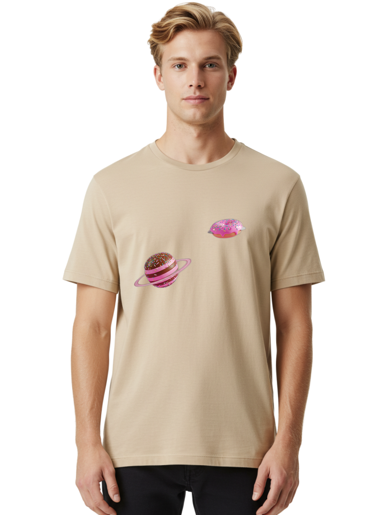 Donut-Planets Men'S Graphic Tee, 100% Cotton, Comfortable Casual Summer Wear, Machine Washable, Donut With Sprinkles, Planet With Ring, Pink Frosting, Chocolate Donut, Sprinkle Donut, Donut Planet, Fantasy Dessert, Sweet Treat, Bab870