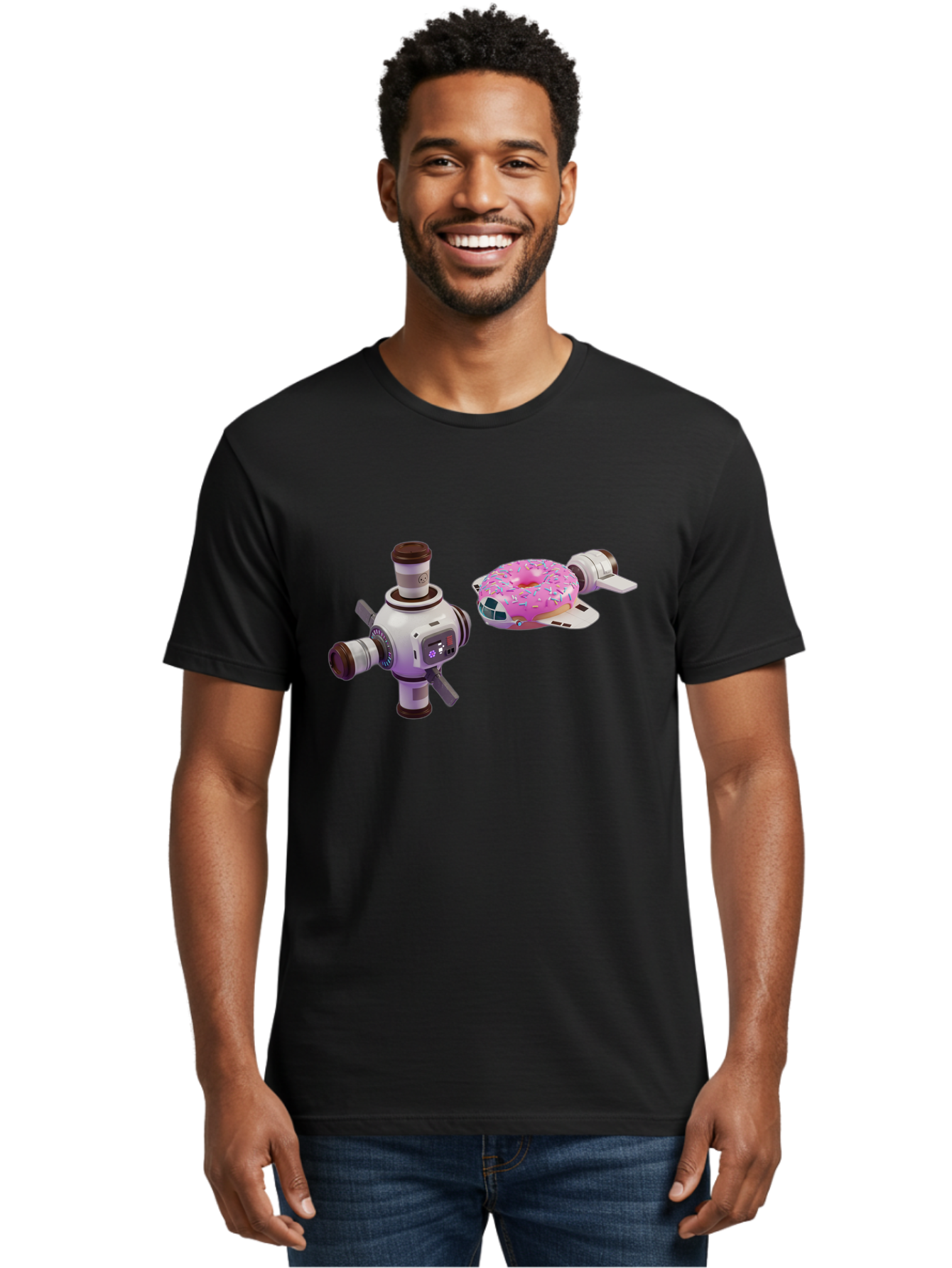 Donut-Spacecraft Men'S Graphic Tee, 100% Cotton, Comfortable Casual Summer Wear, Machine Washable, Donut Spaceship, Flying Saucer, Pink Frosted Donut, Sprinkles, Cartoon Style, Alien Spacecraft, Sci-Fi, Whimsical, Playful, Futuristic, Bab872