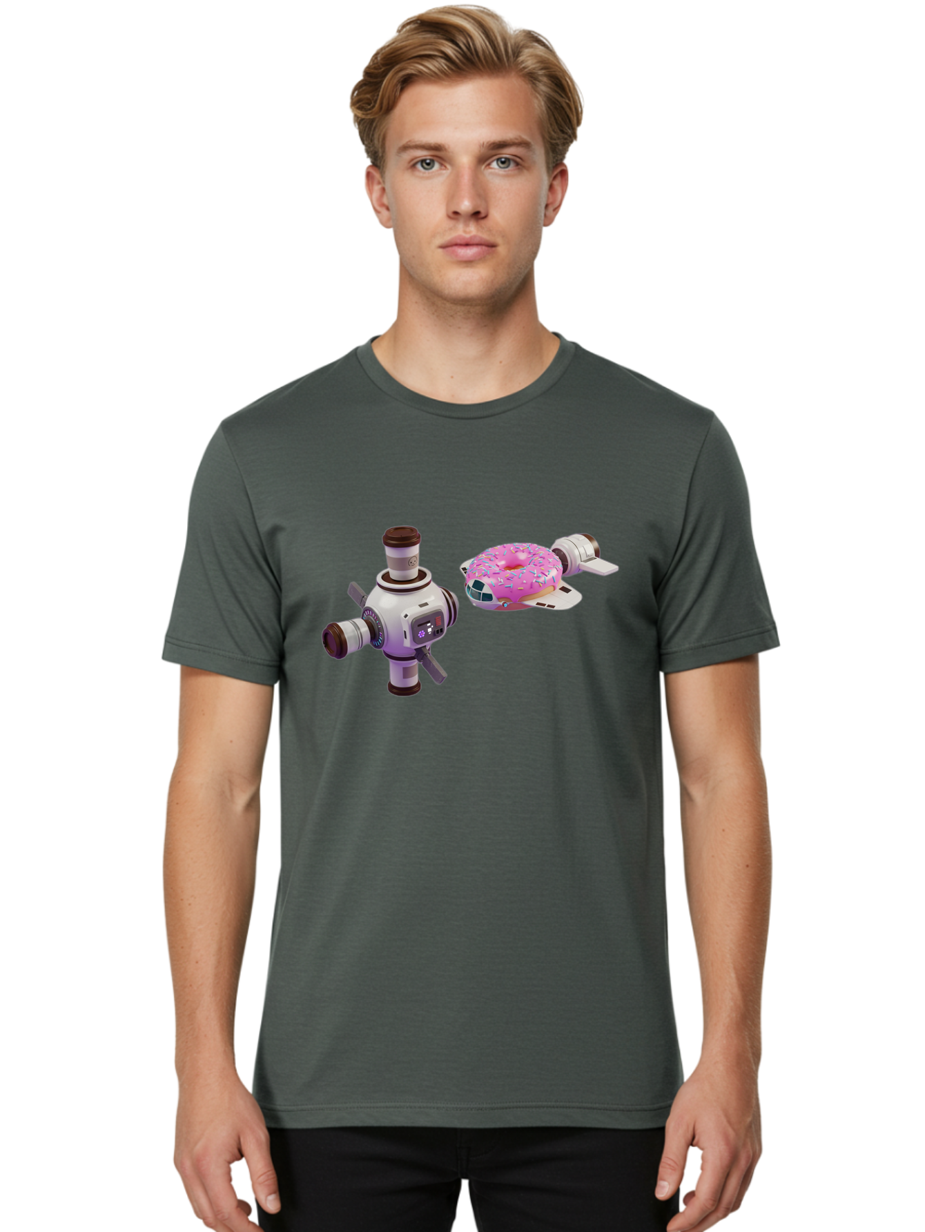 Donut-Spacecraft Men'S Graphic Tee, 100% Cotton, Comfortable Casual Summer Wear, Machine Washable, Donut Spaceship, Flying Saucer, Pink Frosted Donut, Sprinkles, Cartoon Style, Alien Spacecraft, Sci-Fi, Whimsical, Playful, Futuristic, Bab872