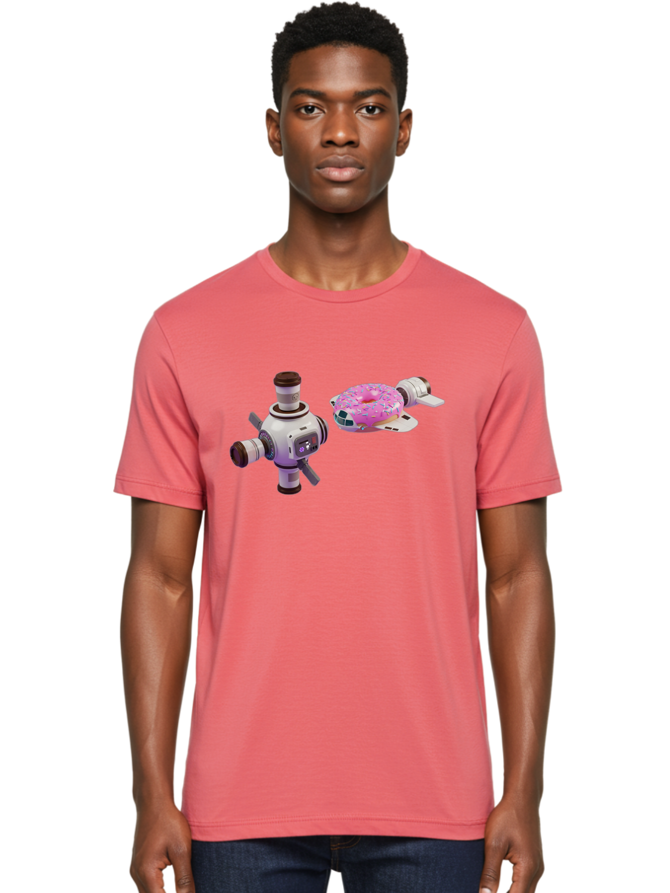 Donut-Spacecraft Men'S Graphic Tee, 100% Cotton, Comfortable Casual Summer Wear, Machine Washable, Donut Spaceship, Flying Saucer, Pink Frosted Donut, Sprinkles, Cartoon Style, Alien Spacecraft, Sci-Fi, Whimsical, Playful, Futuristic, Bab872
