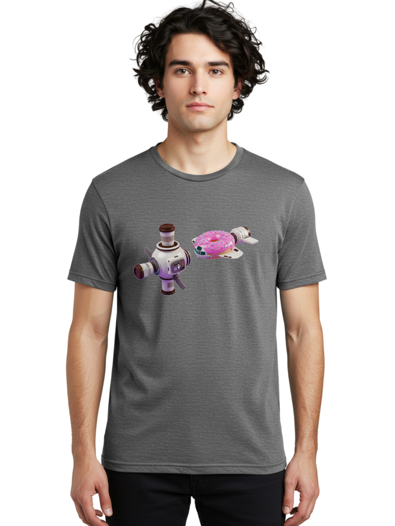 Donut-Spacecraft Men'S Graphic Tee, 100% Cotton, Comfortable Casual Summer Wear, Machine Washable, Donut Spaceship, Flying Saucer, Pink Frosted Donut, Sprinkles, Cartoon Style, Alien Spacecraft, Sci-Fi, Whimsical, Playful, Futuristic, Bab872