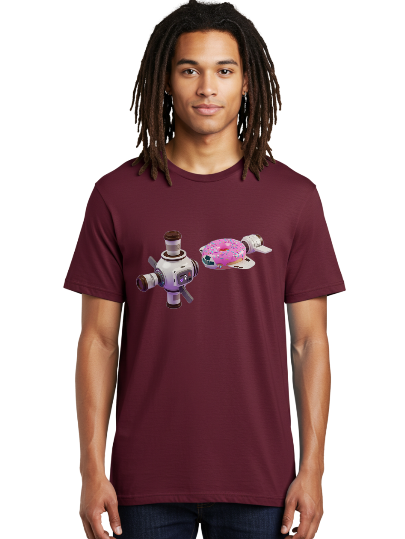 Donut-Spacecraft Men'S Graphic Tee, 100% Cotton, Comfortable Casual Summer Wear, Machine Washable, Donut Spaceship, Flying Saucer, Pink Frosted Donut, Sprinkles, Cartoon Style, Alien Spacecraft, Sci-Fi, Whimsical, Playful, Futuristic, Bab872