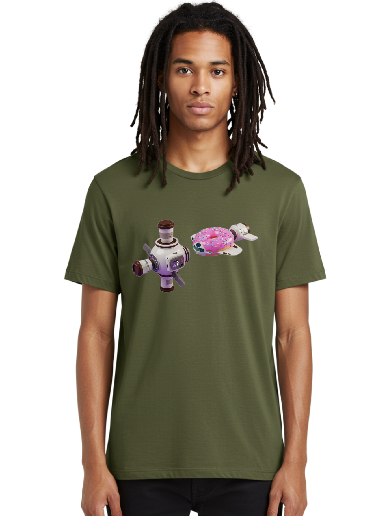 Donut-Spacecraft Men'S Graphic Tee, 100% Cotton, Comfortable Casual Summer Wear, Machine Washable, Donut Spaceship, Flying Saucer, Pink Frosted Donut, Sprinkles, Cartoon Style, Alien Spacecraft, Sci-Fi, Whimsical, Playful, Futuristic, Bab872