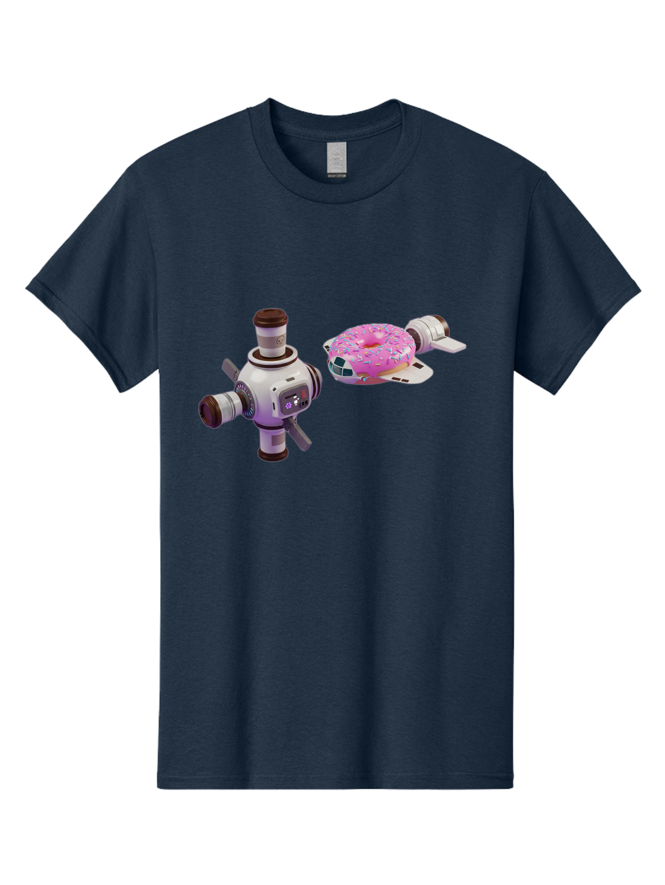 Donut-Spacecraft Men'S Graphic Tee, 100% Cotton, Comfortable Casual Summer Wear, Machine Washable, Donut Spaceship, Flying Saucer, Pink Frosted Donut, Sprinkles, Cartoon Style, Alien Spacecraft, Sci-Fi, Whimsical, Playful, Futuristic, Bab872