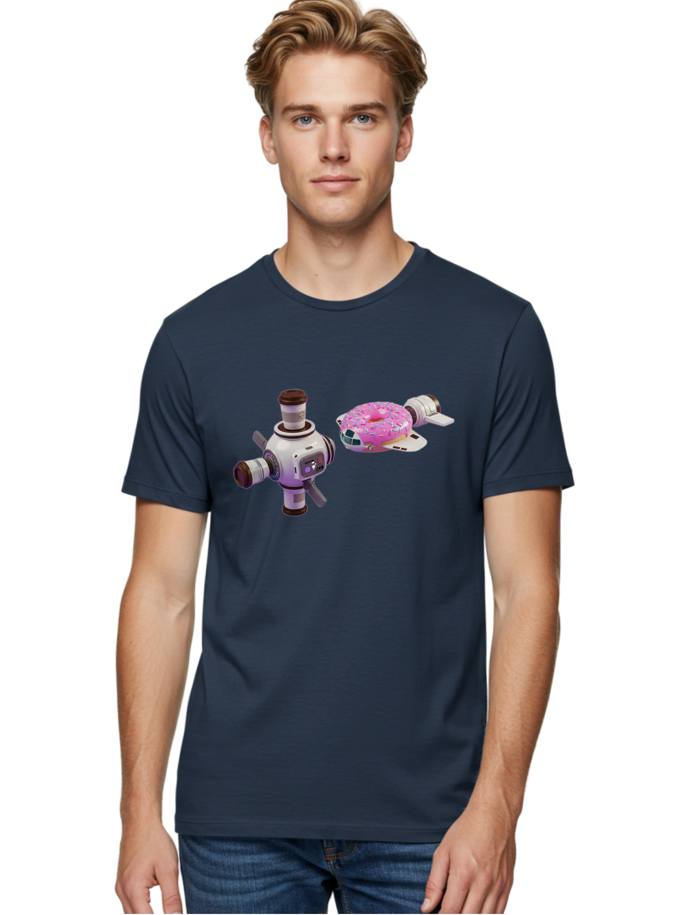 Donut-Spacecraft Men'S Graphic Tee, 100% Cotton, Comfortable Casual Summer Wear, Machine Washable, Donut Spaceship, Flying Saucer, Pink Frosted Donut, Sprinkles, Cartoon Style, Alien Spacecraft, Sci-Fi, Whimsical, Playful, Futuristic, Bab872