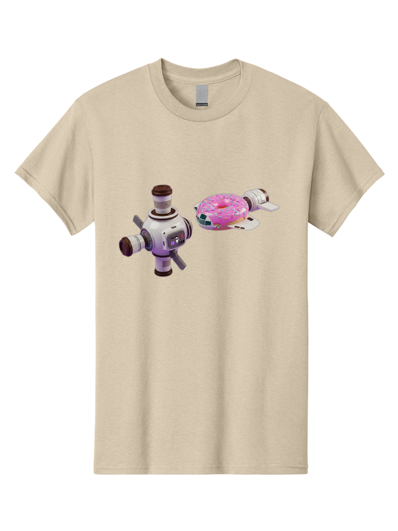 Donut-Spacecraft Men'S Graphic Tee, 100% Cotton, Comfortable Casual Summer Wear, Machine Washable, Donut Spaceship, Flying Saucer, Pink Frosted Donut, Sprinkles, Cartoon Style, Alien Spacecraft, Sci-Fi, Whimsical, Playful, Futuristic, Bab872
