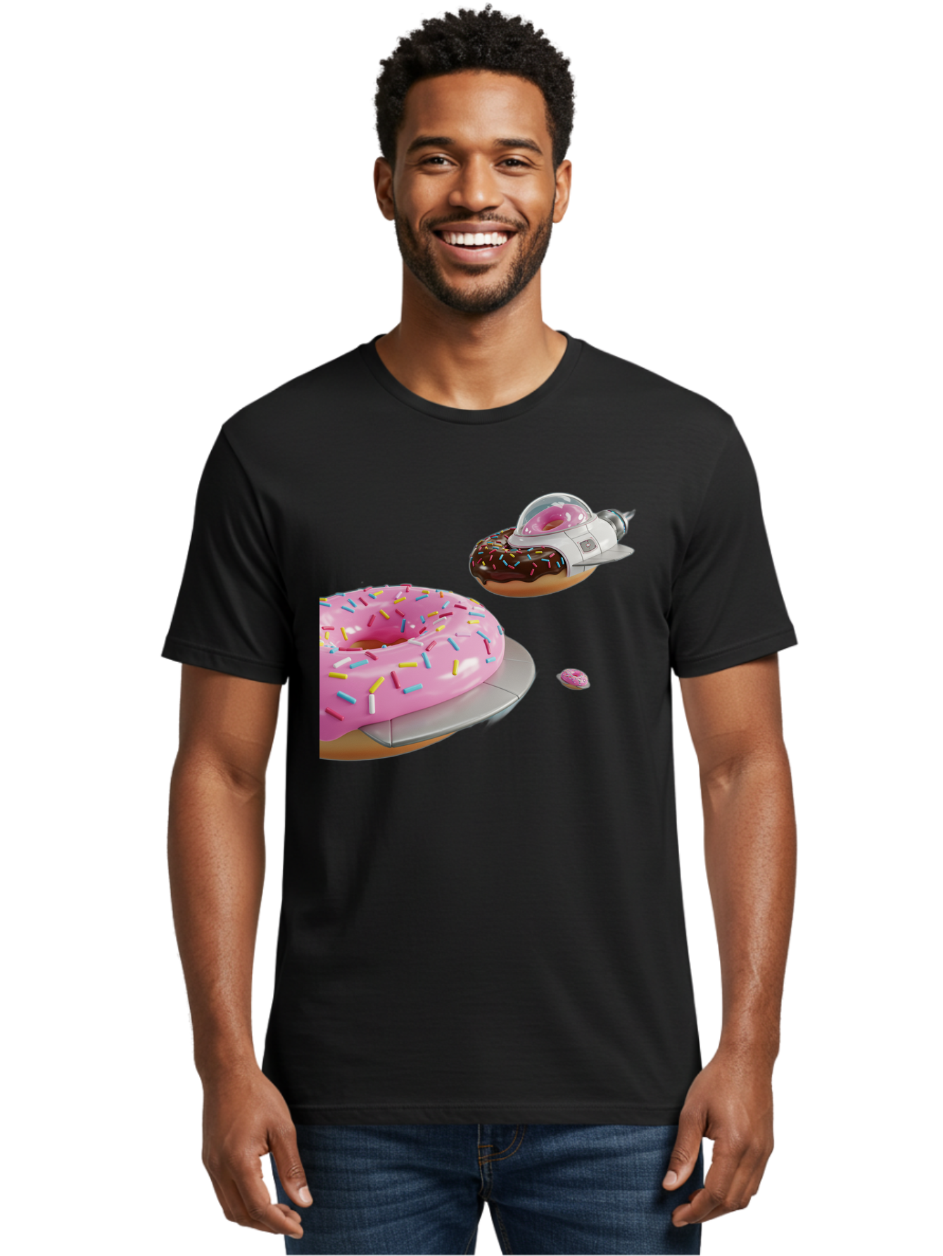 Donut-Ufo-1 Men'S Graphic Tee, 100% Cotton, Comfortable Casual Summer Wear, Machine Washable, Donut Spaceship, Pink Glazed Donut, Chocolate Frosted Donut, Sprinkles, Ufo, Space Ship, Donut On A Spaceship, Quirky, Funny, Sweet Treats, Creative, Bab873