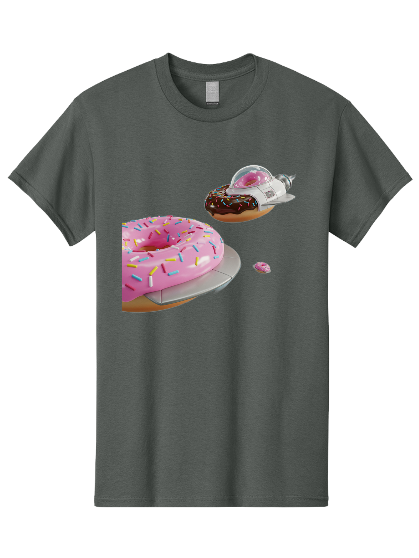 Donut-Ufo-1 Men'S Graphic Tee, 100% Cotton, Comfortable Casual Summer Wear, Machine Washable, Donut Spaceship, Pink Glazed Donut, Chocolate Frosted Donut, Sprinkles, Ufo, Space Ship, Donut On A Spaceship, Quirky, Funny, Sweet Treats, Creative, Bab873
