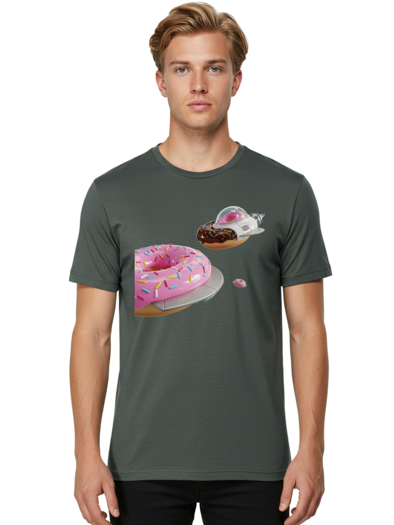 Donut-Ufo-1 Men'S Graphic Tee, 100% Cotton, Comfortable Casual Summer Wear, Machine Washable, Donut Spaceship, Pink Glazed Donut, Chocolate Frosted Donut, Sprinkles, Ufo, Space Ship, Donut On A Spaceship, Quirky, Funny, Sweet Treats, Creative, Bab873