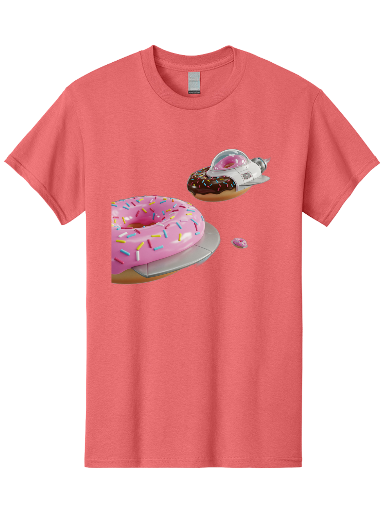 Donut-Ufo-1 Men'S Graphic Tee, 100% Cotton, Comfortable Casual Summer Wear, Machine Washable, Donut Spaceship, Pink Glazed Donut, Chocolate Frosted Donut, Sprinkles, Ufo, Space Ship, Donut On A Spaceship, Quirky, Funny, Sweet Treats, Creative, Bab873
