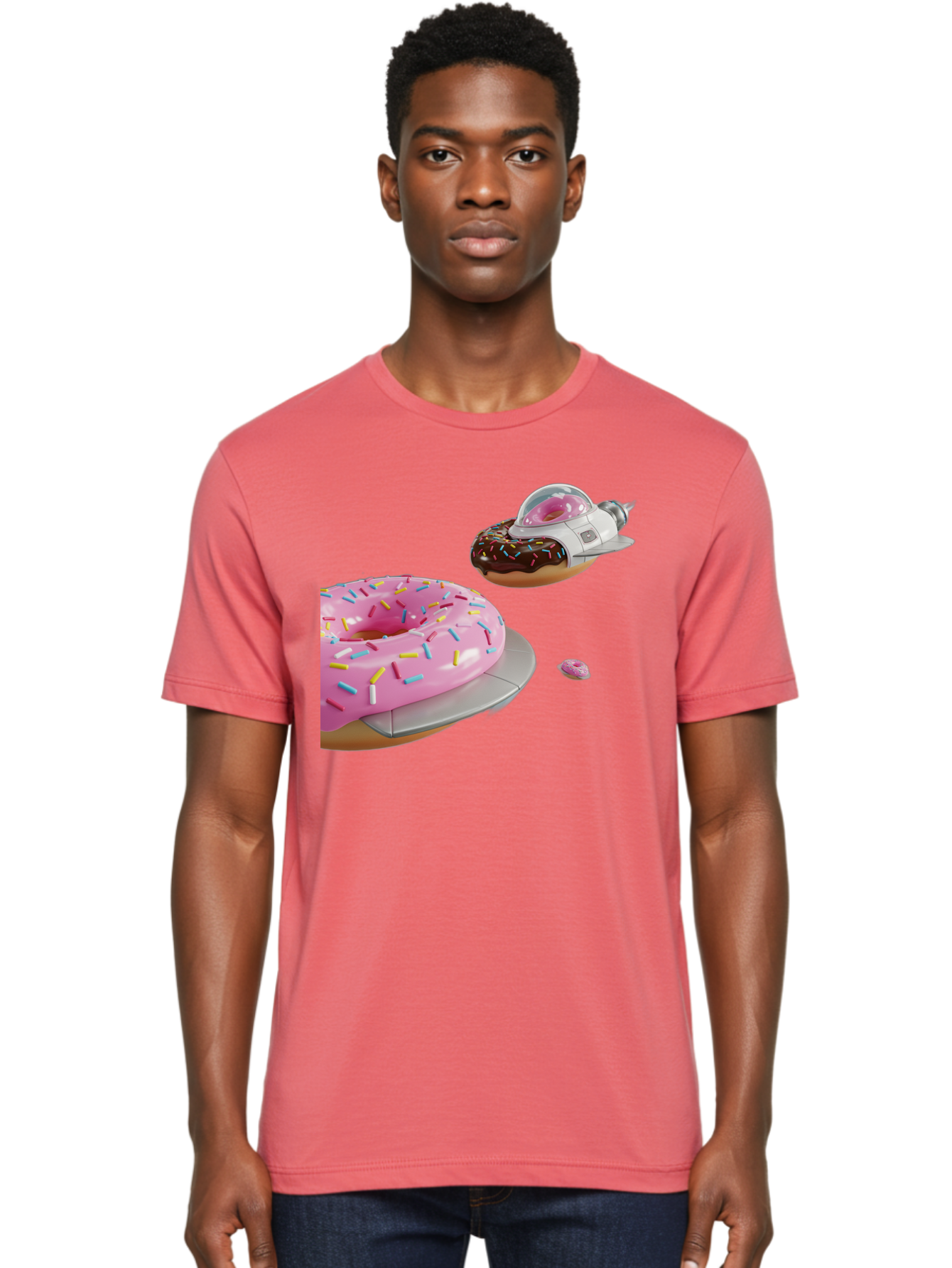 Donut-Ufo-1 Men'S Graphic Tee, 100% Cotton, Comfortable Casual Summer Wear, Machine Washable, Donut Spaceship, Pink Glazed Donut, Chocolate Frosted Donut, Sprinkles, Ufo, Space Ship, Donut On A Spaceship, Quirky, Funny, Sweet Treats, Creative, Bab873
