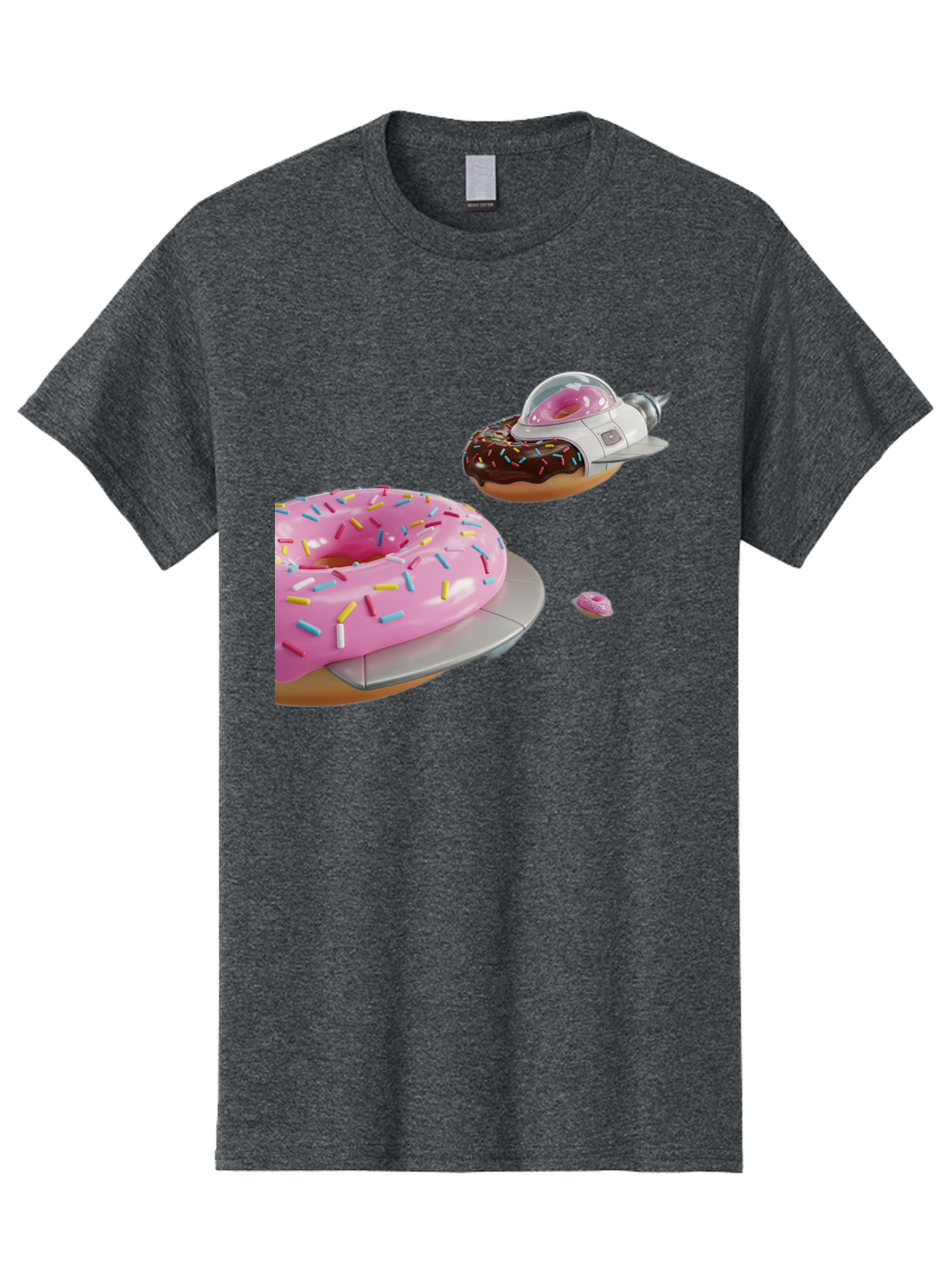 Donut-Ufo-1 Men'S Graphic Tee, 100% Cotton, Comfortable Casual Summer Wear, Machine Washable, Donut Spaceship, Pink Glazed Donut, Chocolate Frosted Donut, Sprinkles, Ufo, Space Ship, Donut On A Spaceship, Quirky, Funny, Sweet Treats, Creative, Bab873