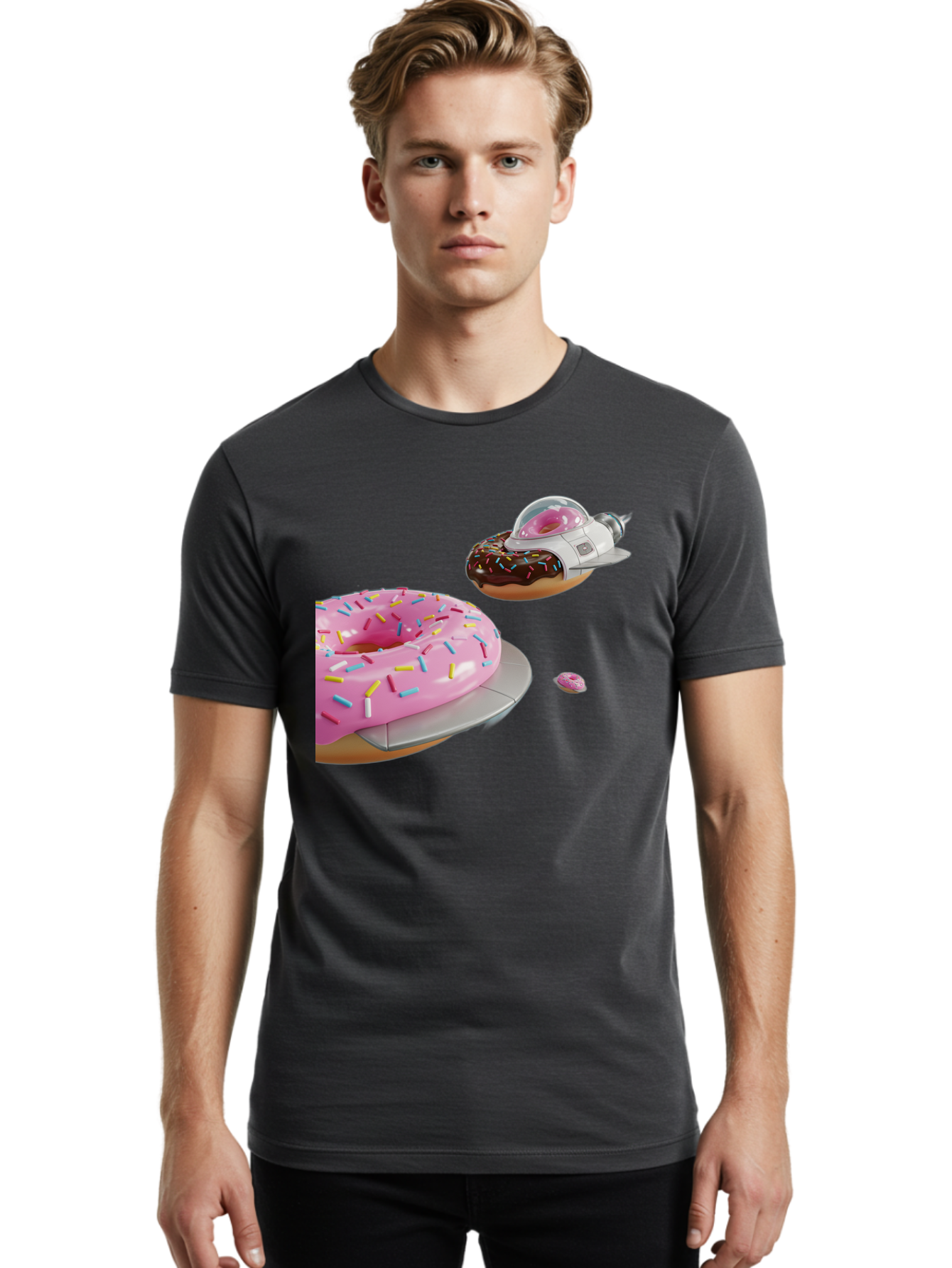 Donut-Ufo-1 Men'S Graphic Tee, 100% Cotton, Comfortable Casual Summer Wear, Machine Washable, Donut Spaceship, Pink Glazed Donut, Chocolate Frosted Donut, Sprinkles, Ufo, Space Ship, Donut On A Spaceship, Quirky, Funny, Sweet Treats, Creative, Bab873