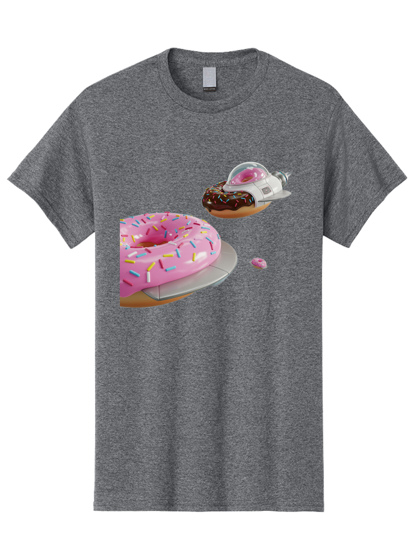 Donut-Ufo-1 Men'S Graphic Tee, 100% Cotton, Comfortable Casual Summer Wear, Machine Washable, Donut Spaceship, Pink Glazed Donut, Chocolate Frosted Donut, Sprinkles, Ufo, Space Ship, Donut On A Spaceship, Quirky, Funny, Sweet Treats, Creative, Bab873