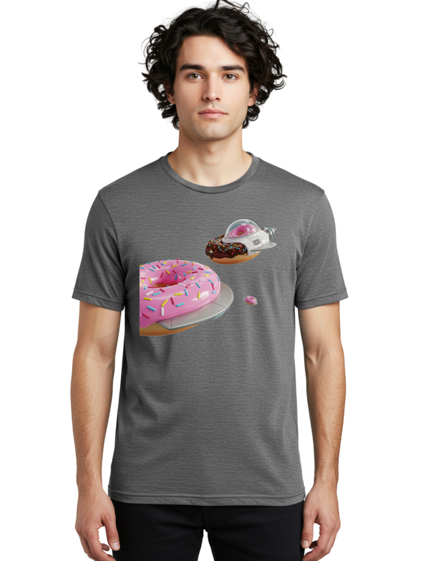 Donut-Ufo-1 Men'S Graphic Tee, 100% Cotton, Comfortable Casual Summer Wear, Machine Washable, Donut Spaceship, Pink Glazed Donut, Chocolate Frosted Donut, Sprinkles, Ufo, Space Ship, Donut On A Spaceship, Quirky, Funny, Sweet Treats, Creative, Bab873